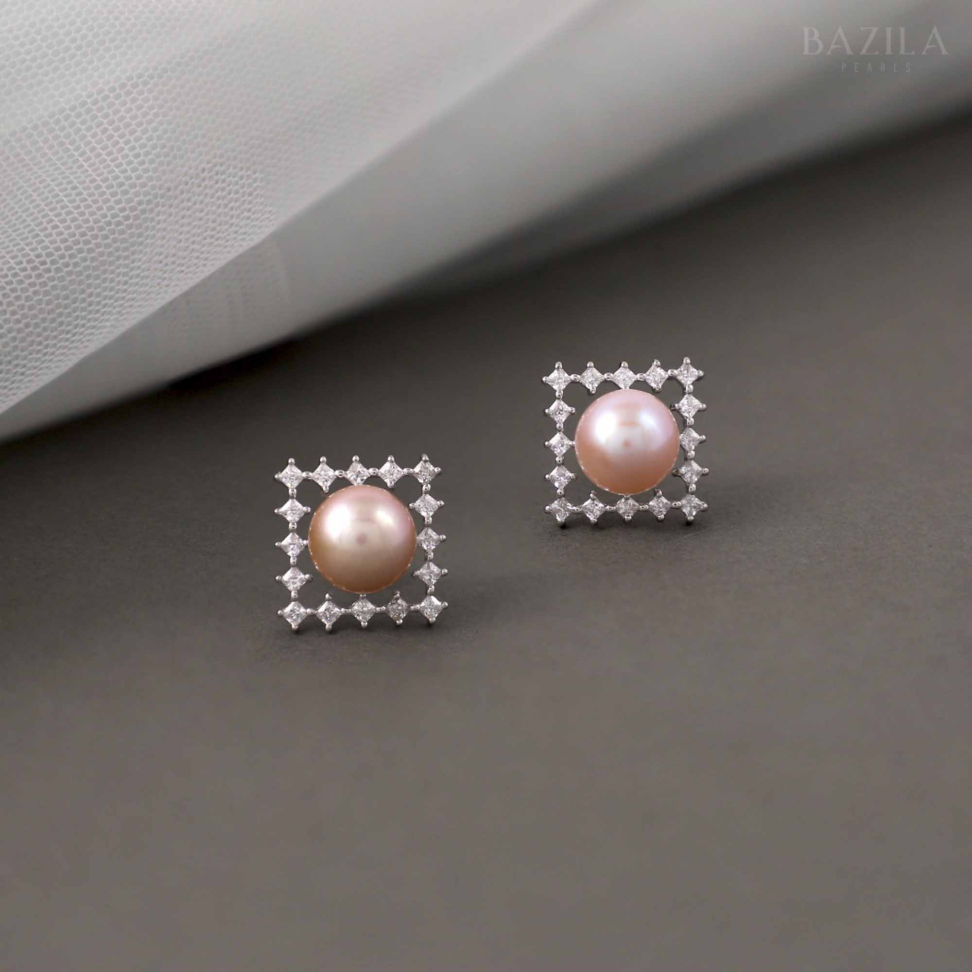Pink Pearl Stud Earrings in Silver with Zircon-Embellished Square Frame