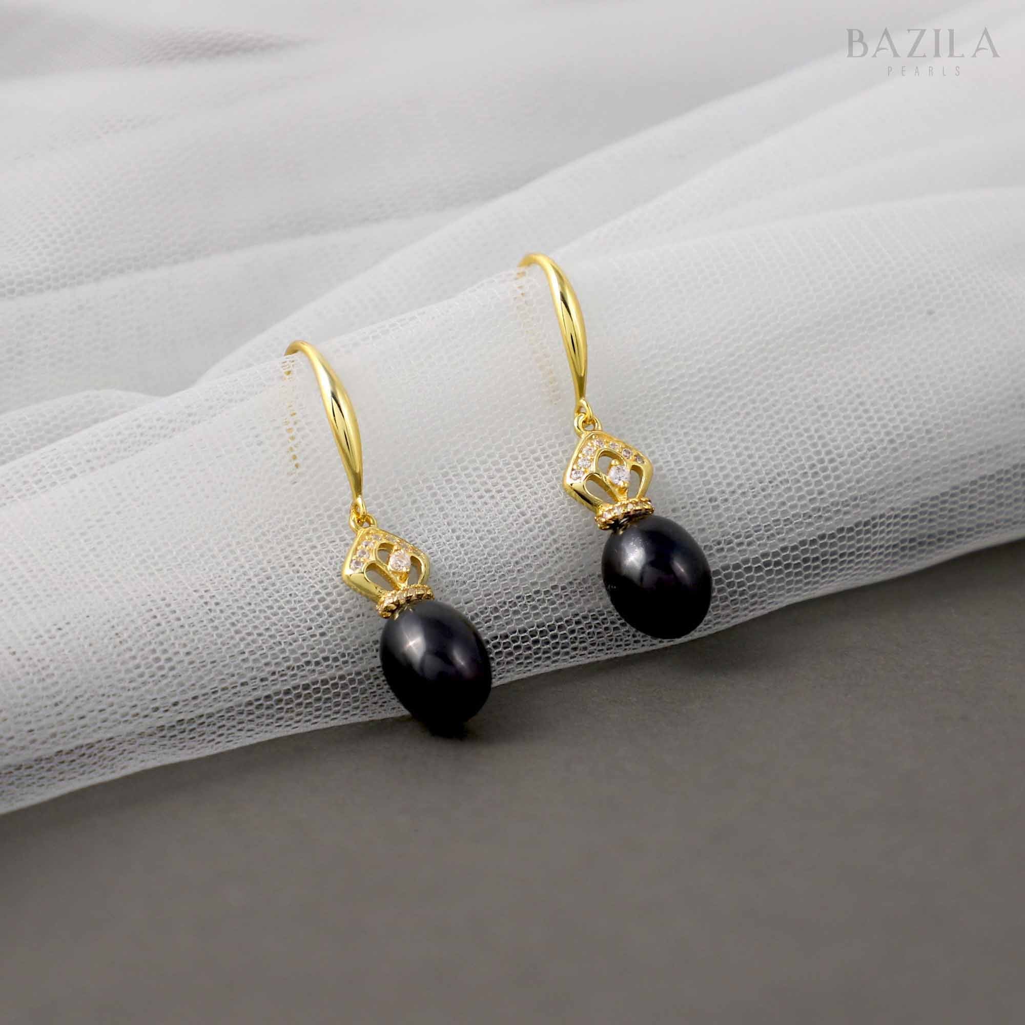 Black Drop Pearl Earrings with Gold Crown Cap Detail