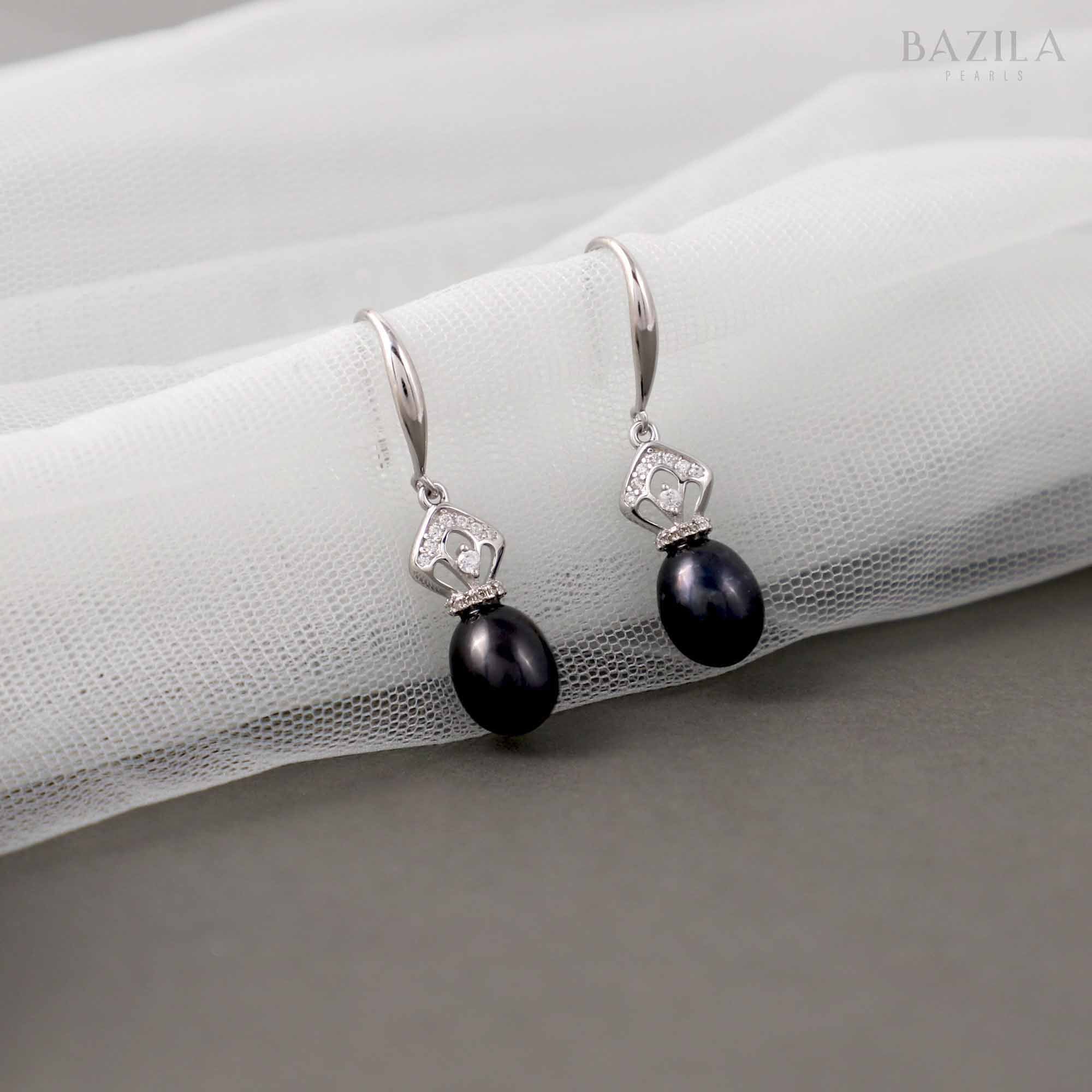 Black Drop Pearl Earrings with Silver Crown Hook