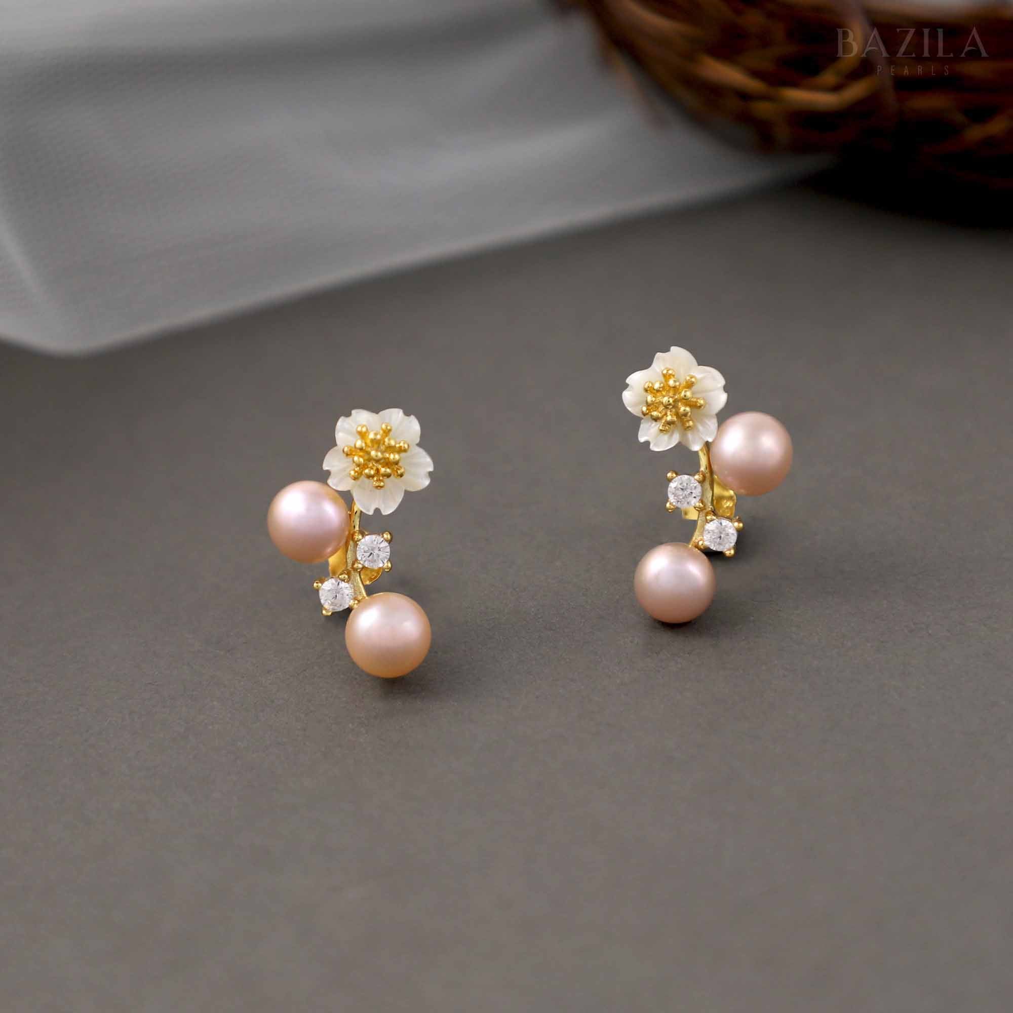 Pink Pearl & Floral Stud Earrings with Gold Accents