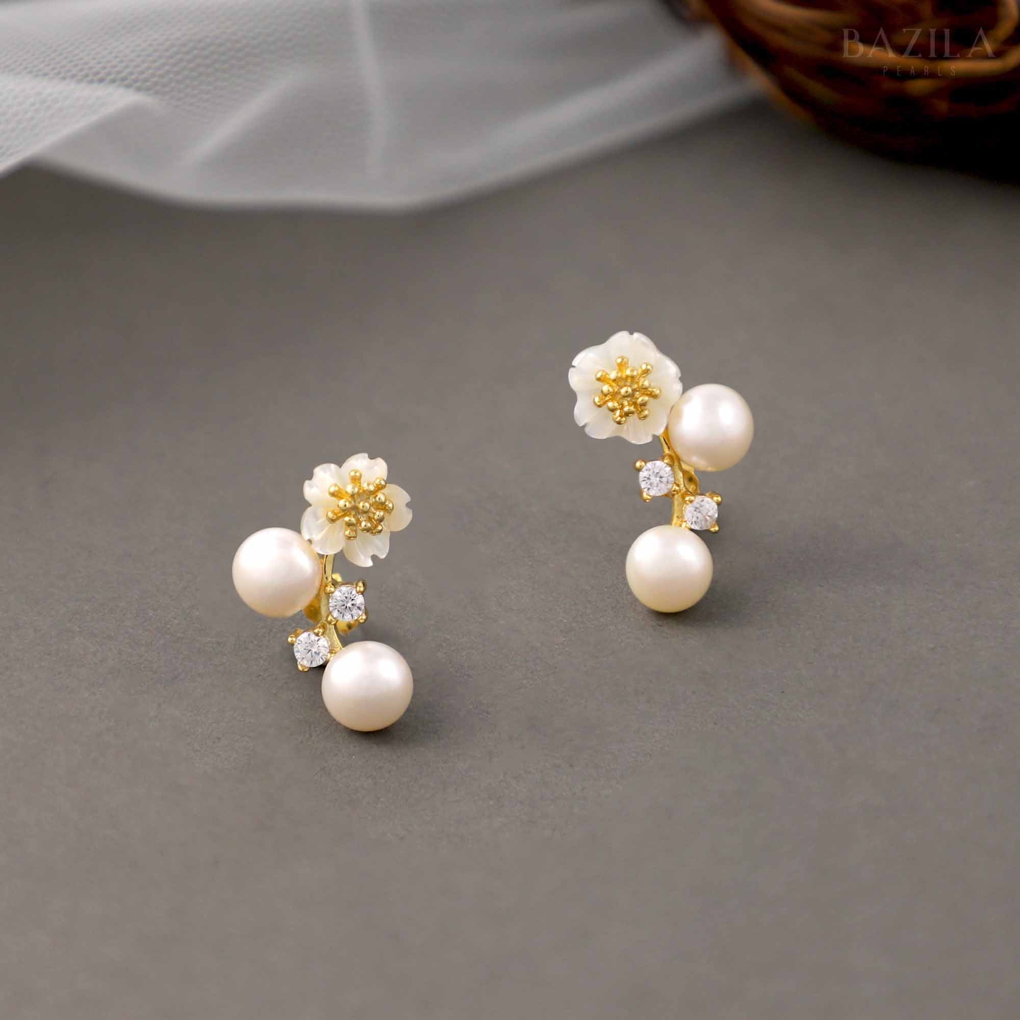 White Pearl & Floral Stud Earrings with Gold Accents