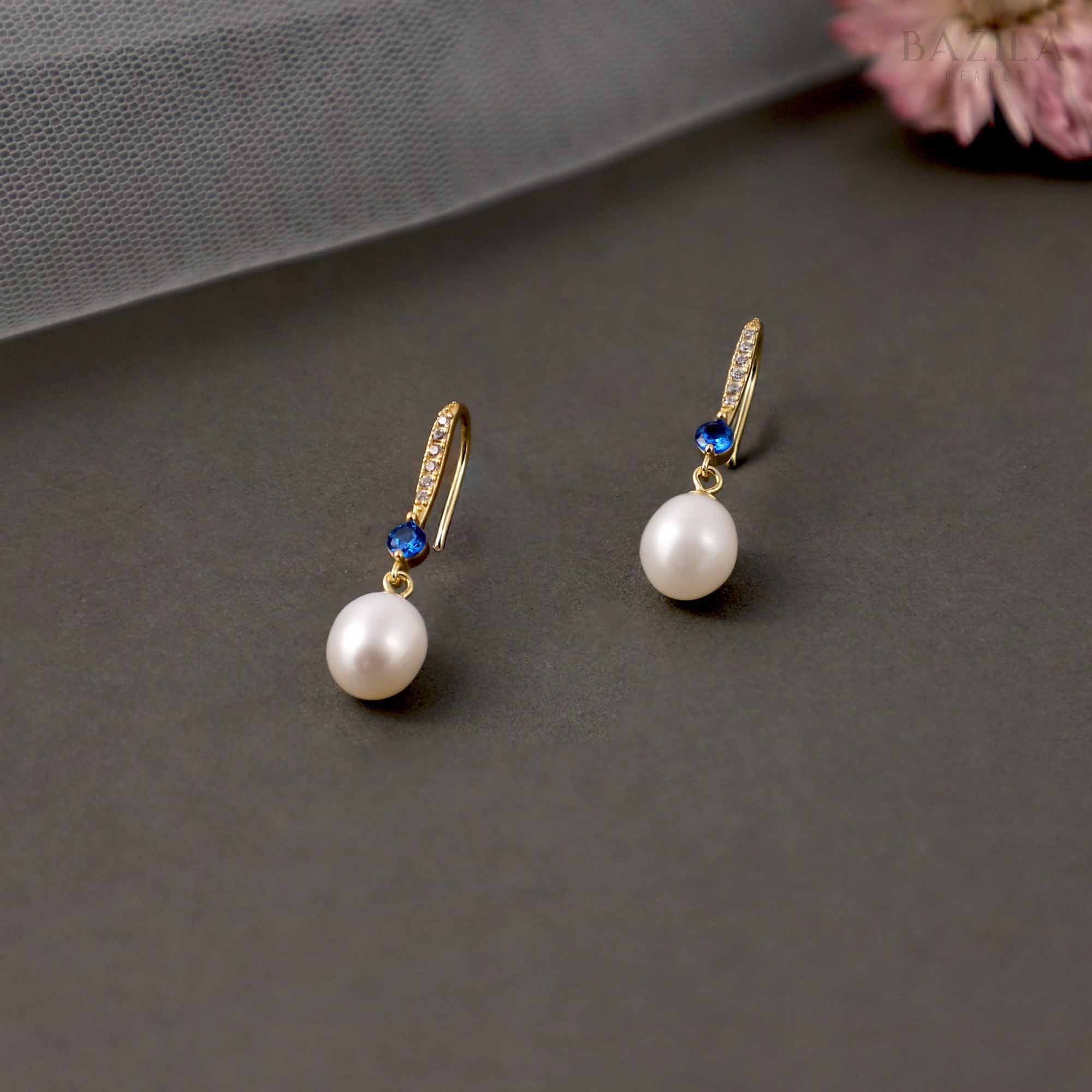 White Pearl Drop Earrings with Sapphire-Blue Accent & Gold-Plated Hook