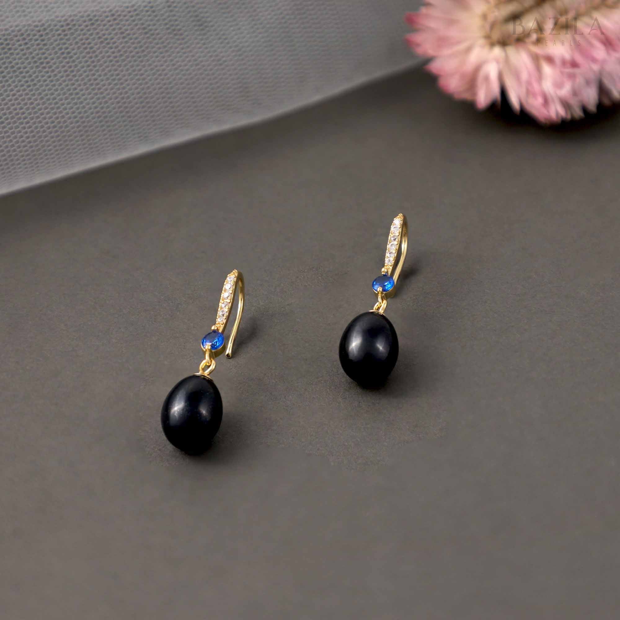 Black Pearl Drop Earrings with Gold-Plated Hook