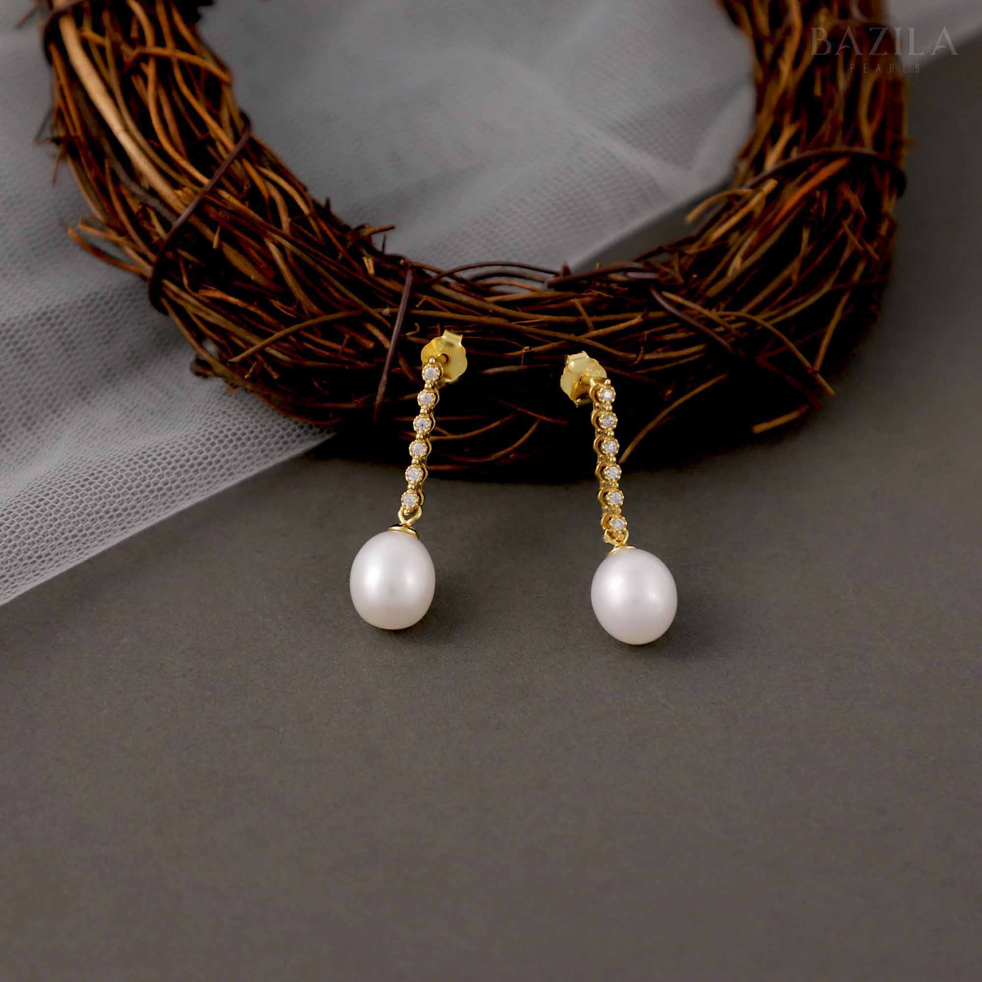 White Pearl Drop Earrings with Gold Hooks