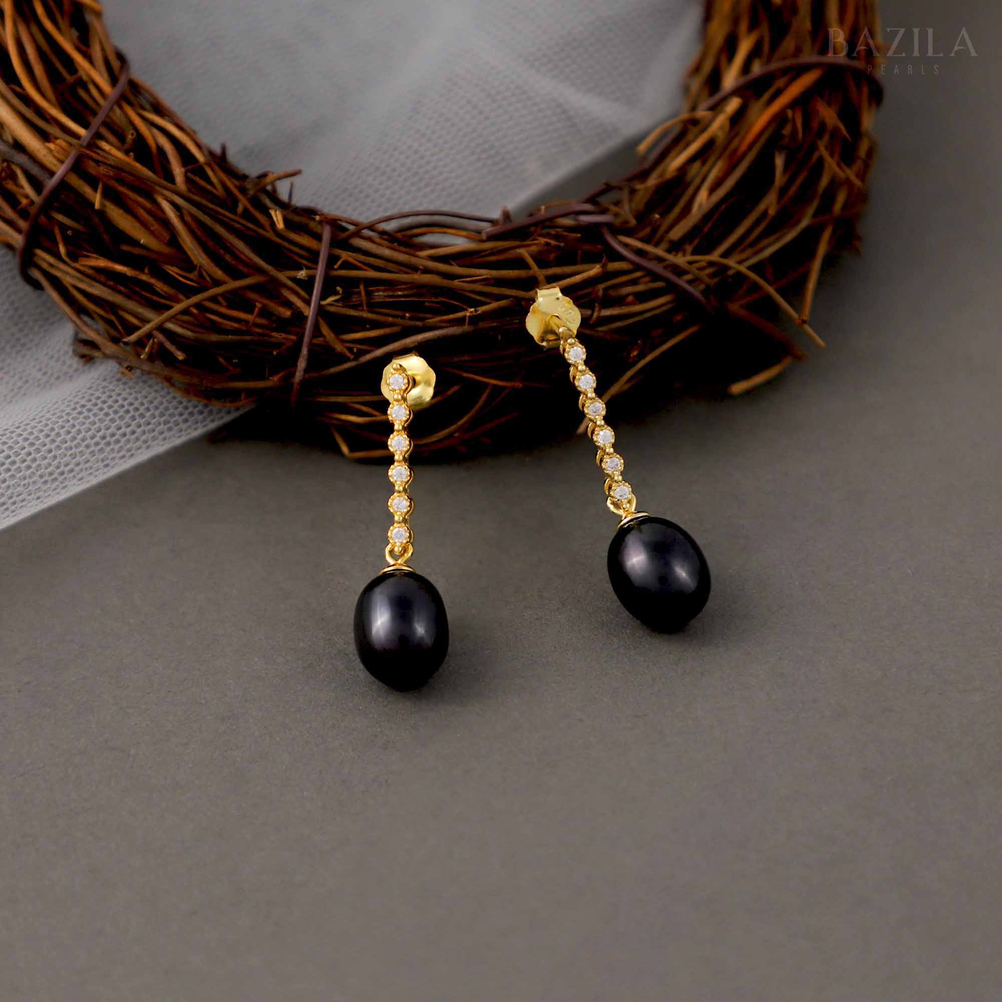 Black Pearl Drop Earrings with Gold Hooks