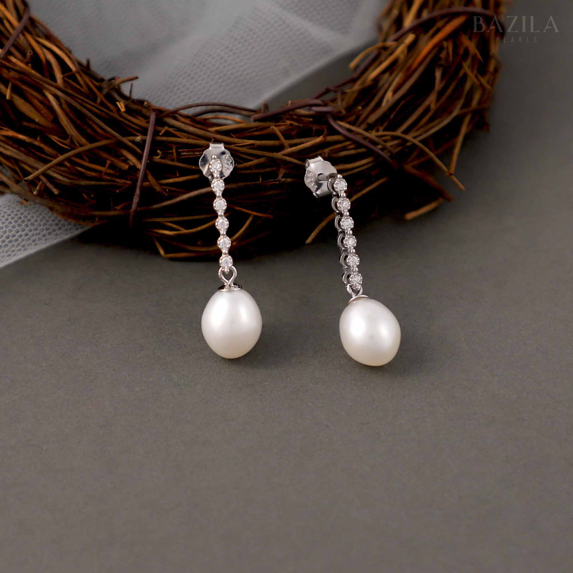 White Pearl Drop Earrings with Silver Hooks