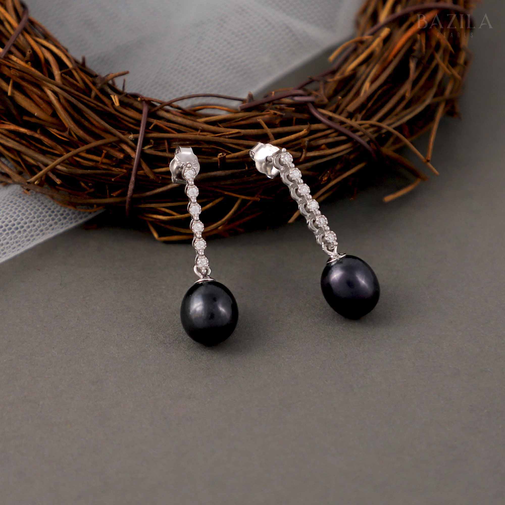Black Pearl Drop Earrings with Silver Hooks