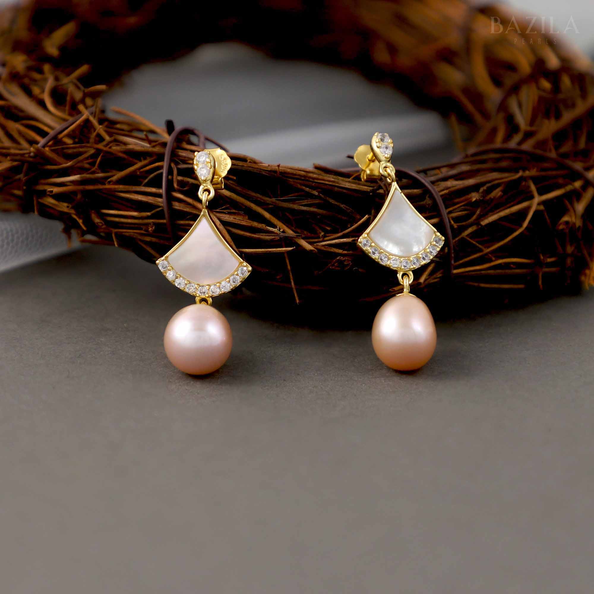 Pink Pearl & Golden Mother-of-Pearl Drop Earrings