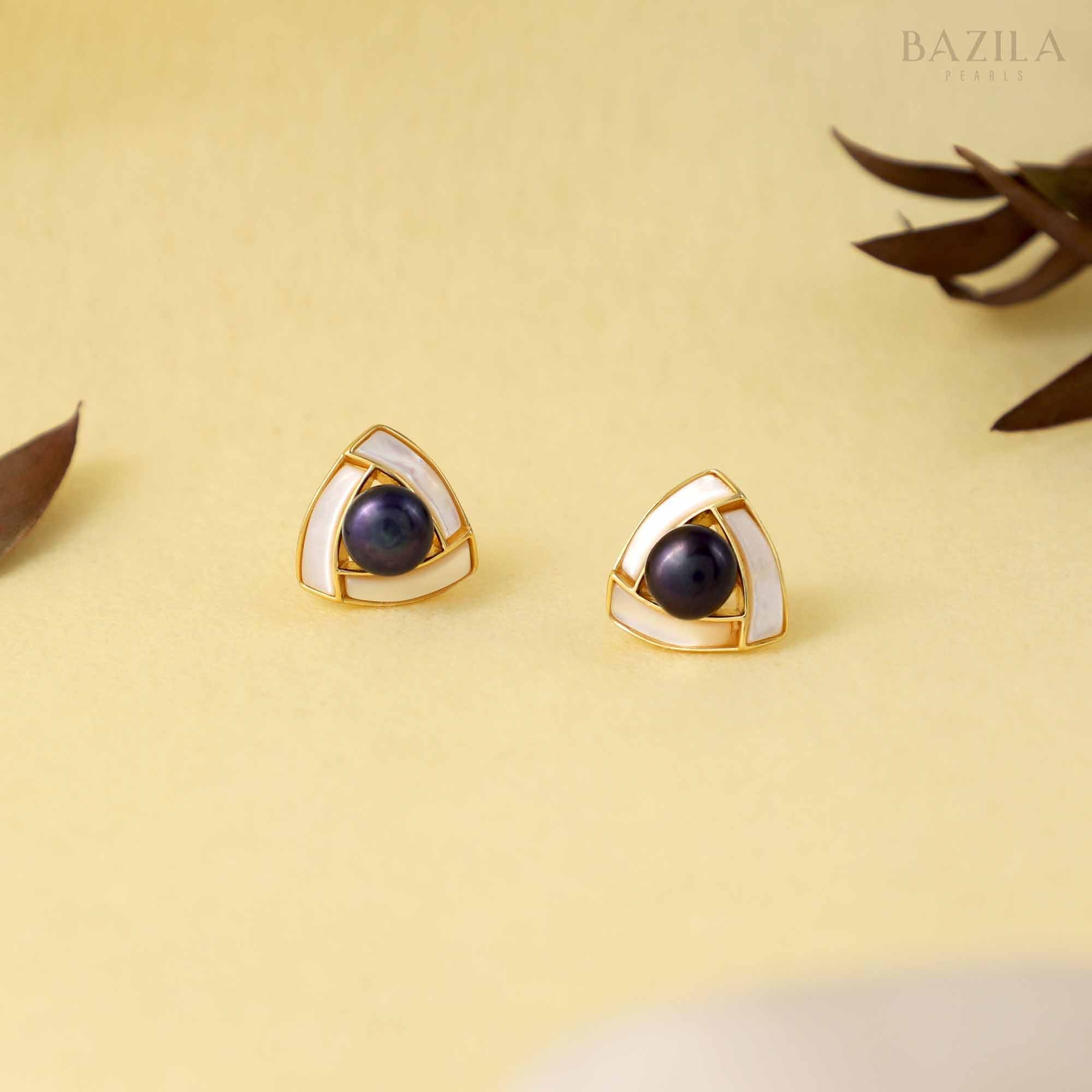 Black Pearl & Golden Mother-of-Pearl Geometric Studs