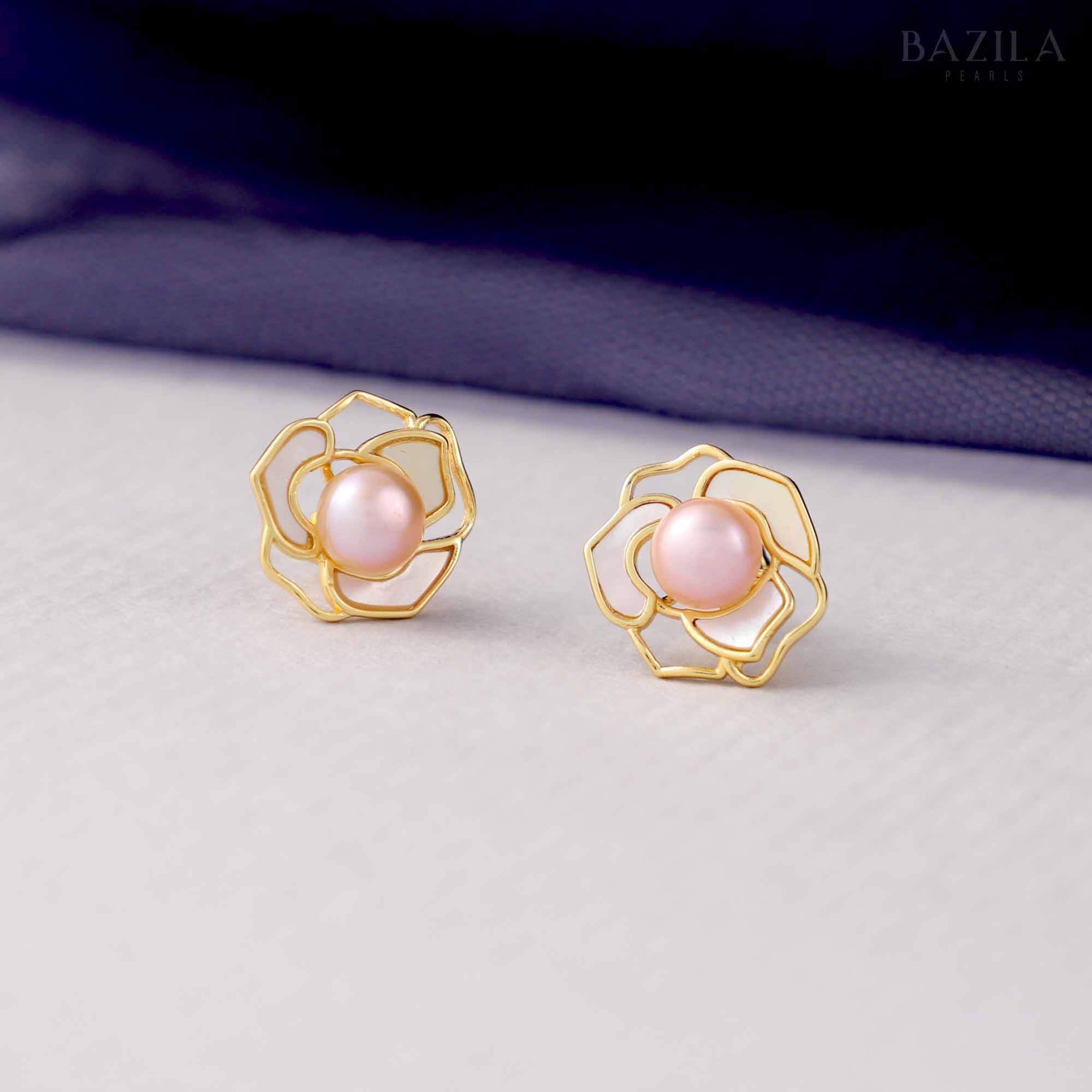 Pink Pearl Stud Earrings with Gold Floral Outline