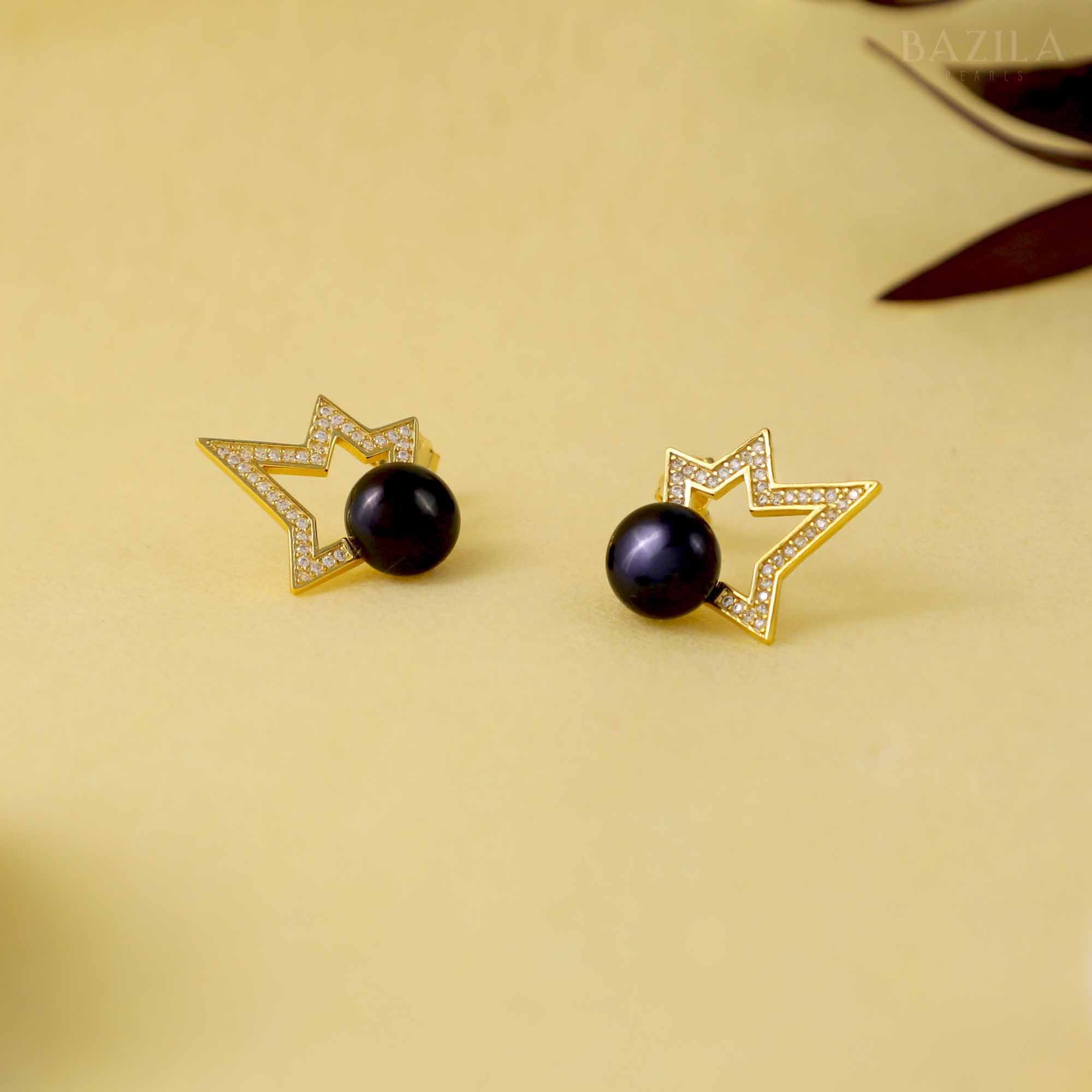 Black Pearl Stud Earrings with Golden Star Accent