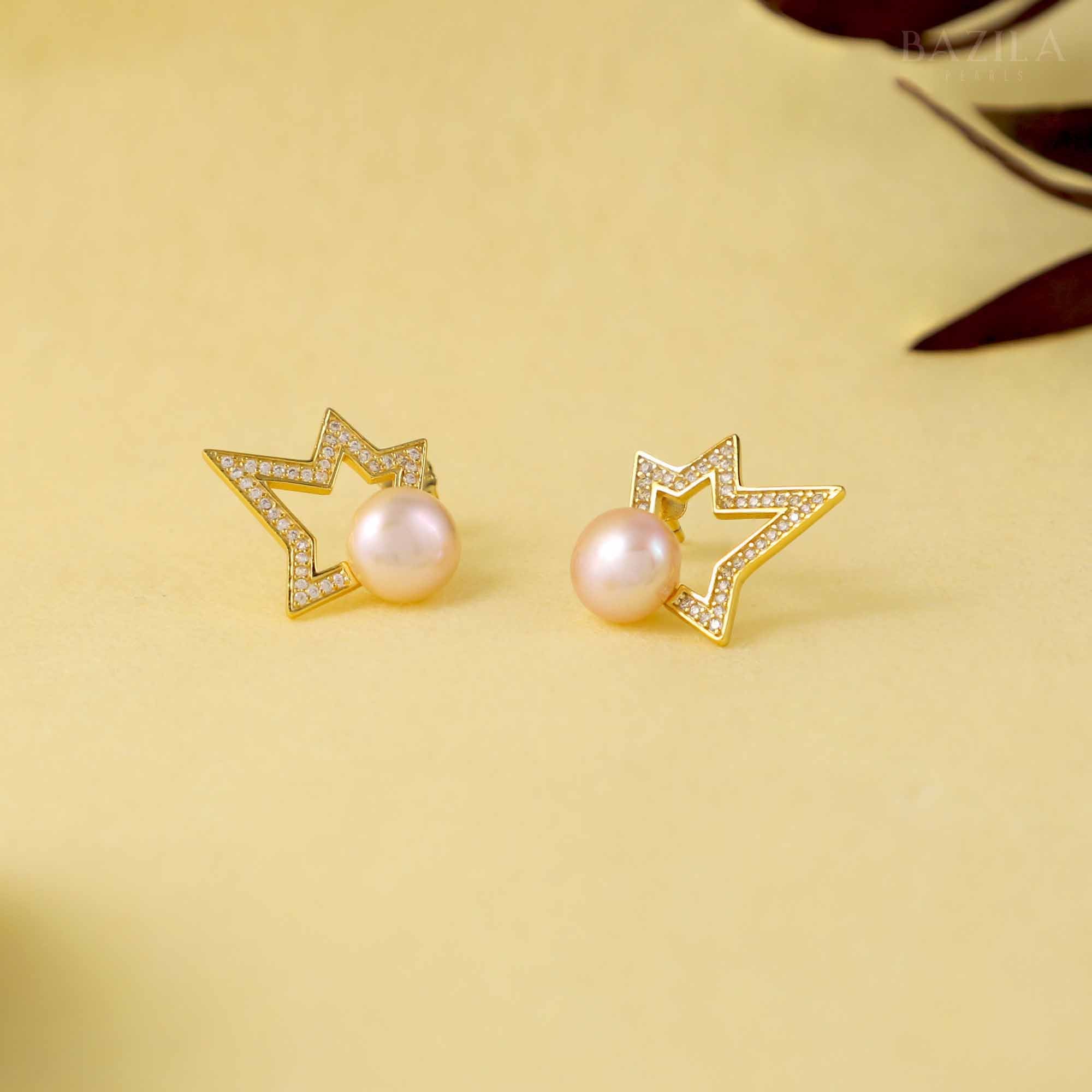 Pink Pearl Stud Earrings with Golden Star Frame
