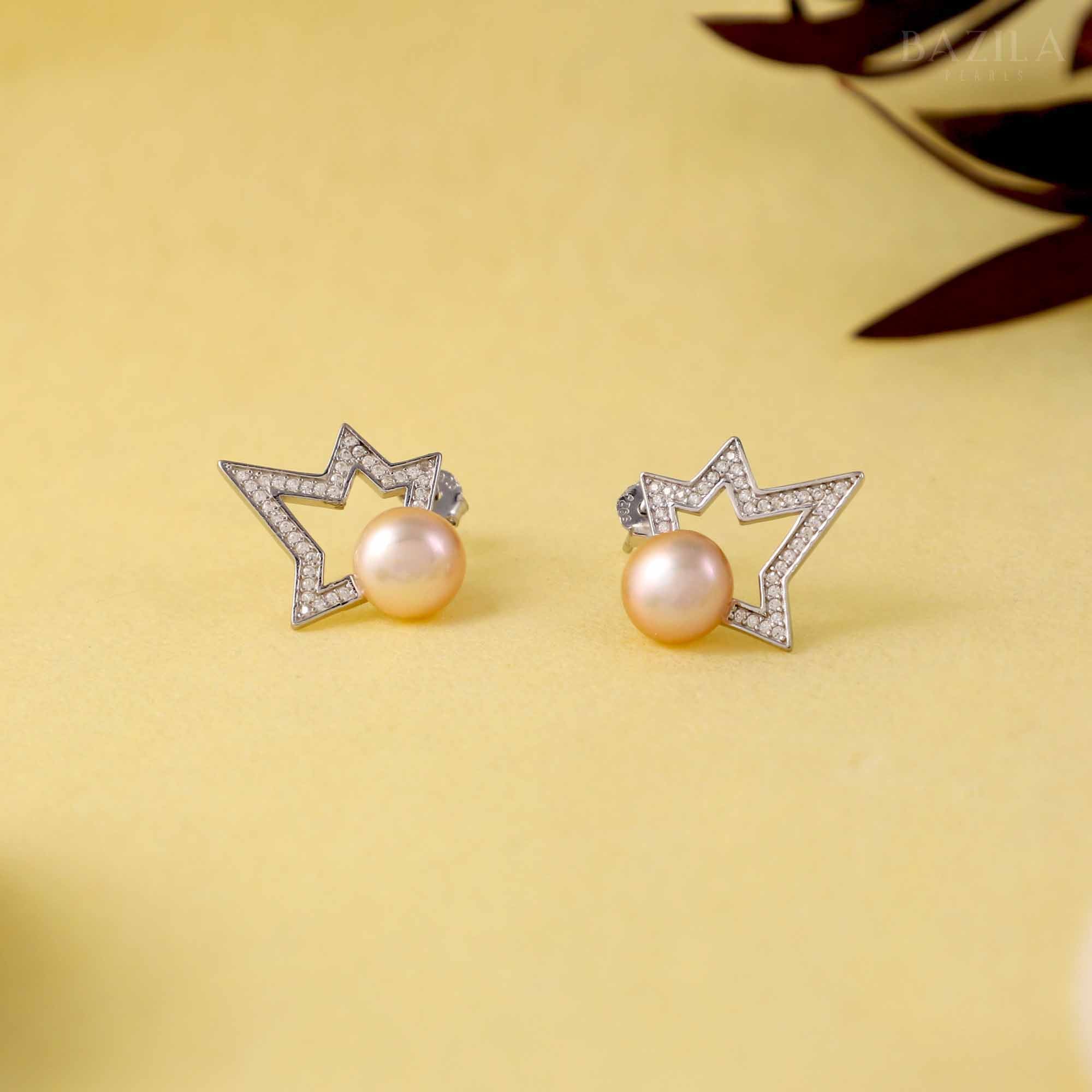 Pink Pearl Stud Earrings with Silver Star Accent