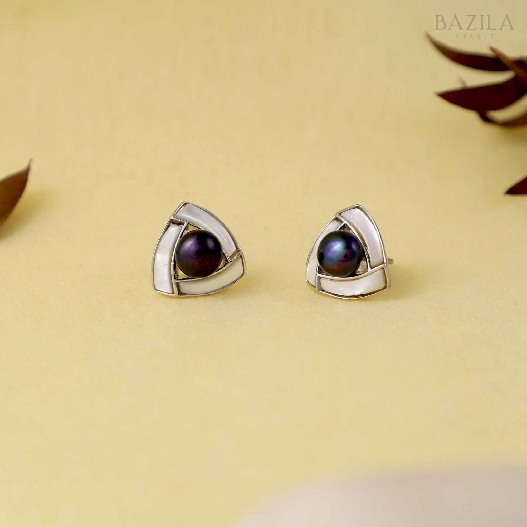 Black Pearl Stud Earrings with Silver Geometric Frame