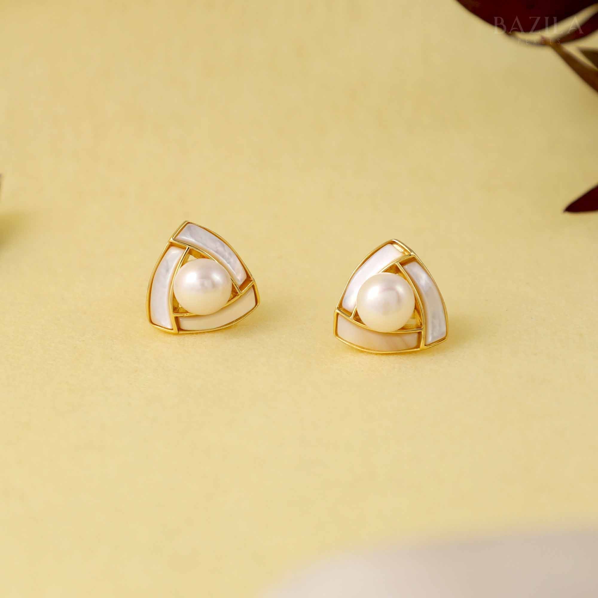 White Pearl Stud Earrings with Goldish Geometric Frame