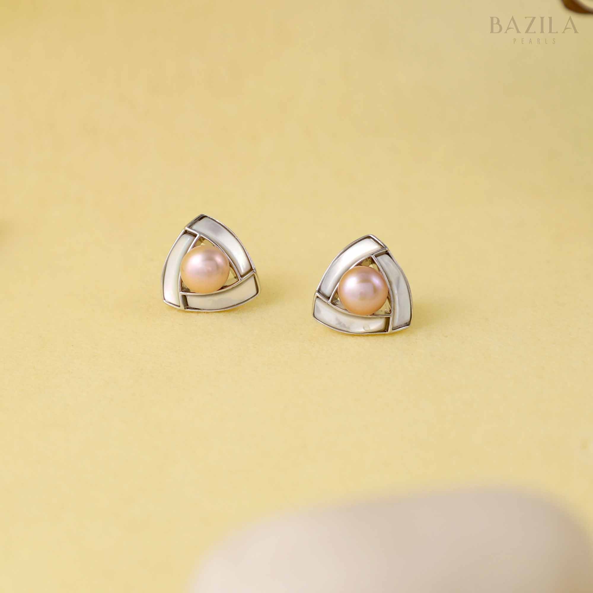 Pink Pearl Stud Earrings with Silver Geometric Frame