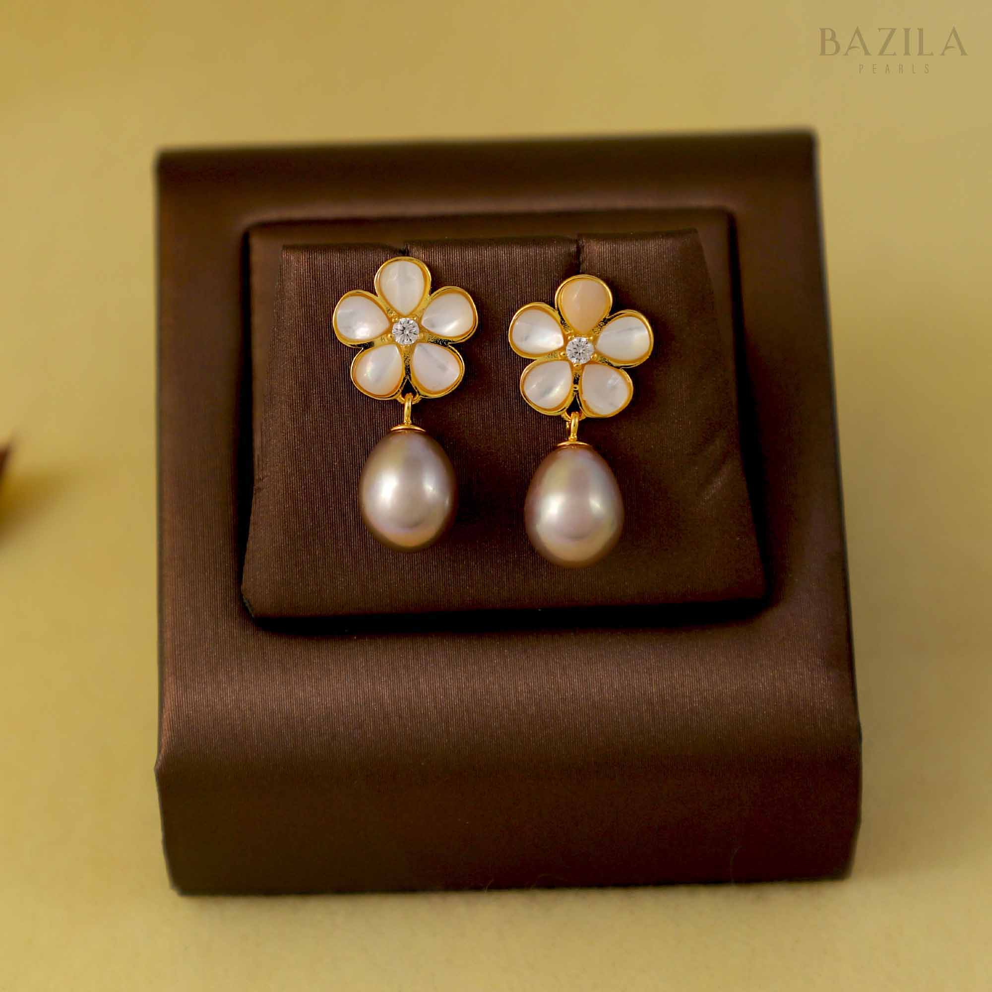 Pink Pearl Earrings with Golden Floral Tops