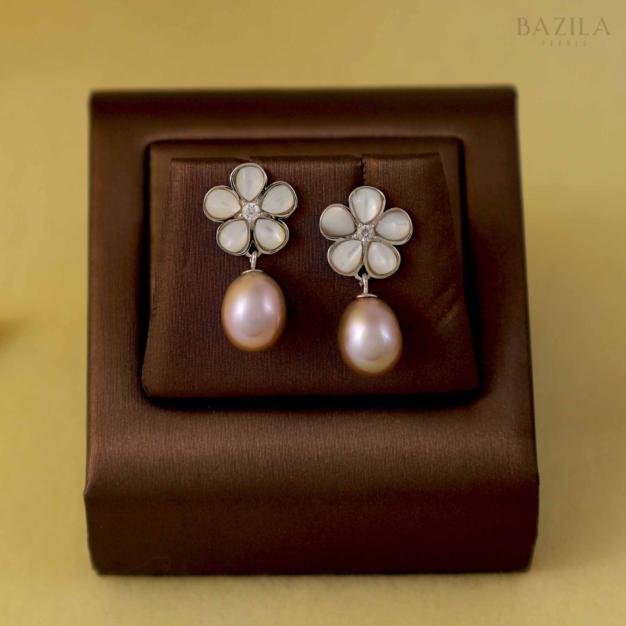 Pink Pearl Earrings with Silver Floral Tops