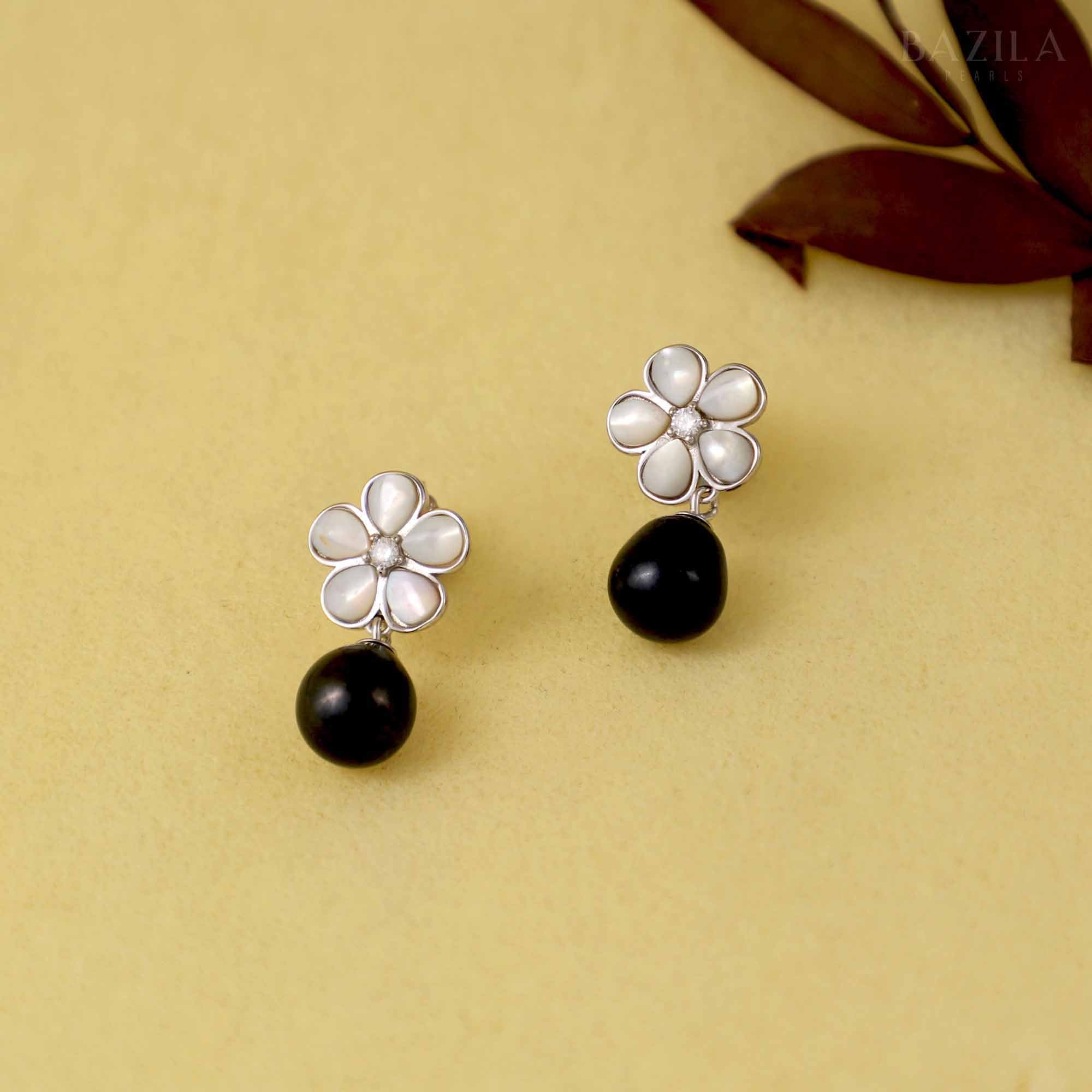 Black Pearl Earrings with Silver Floral Tops