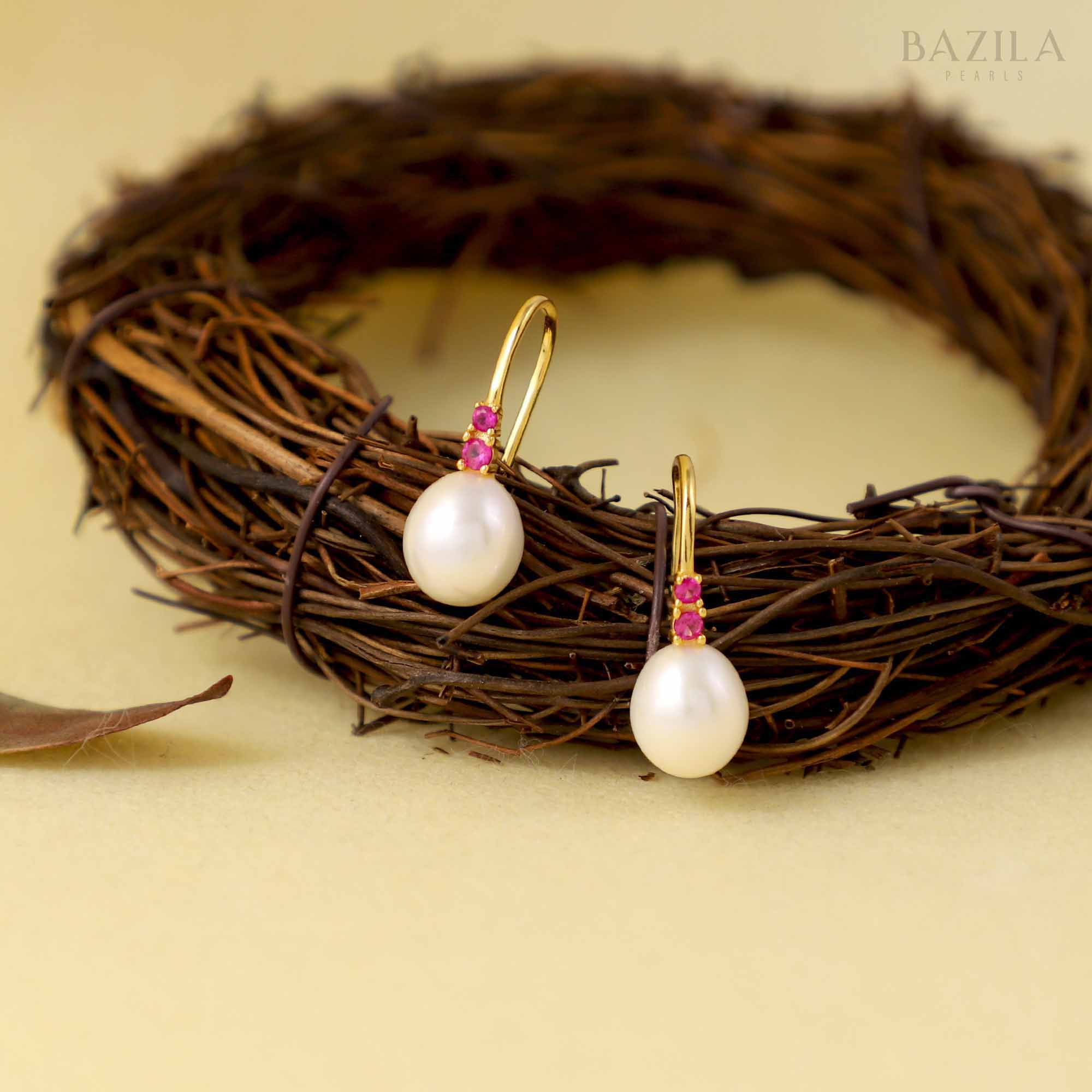 White Pearl Drop Earrings with Gold Hook