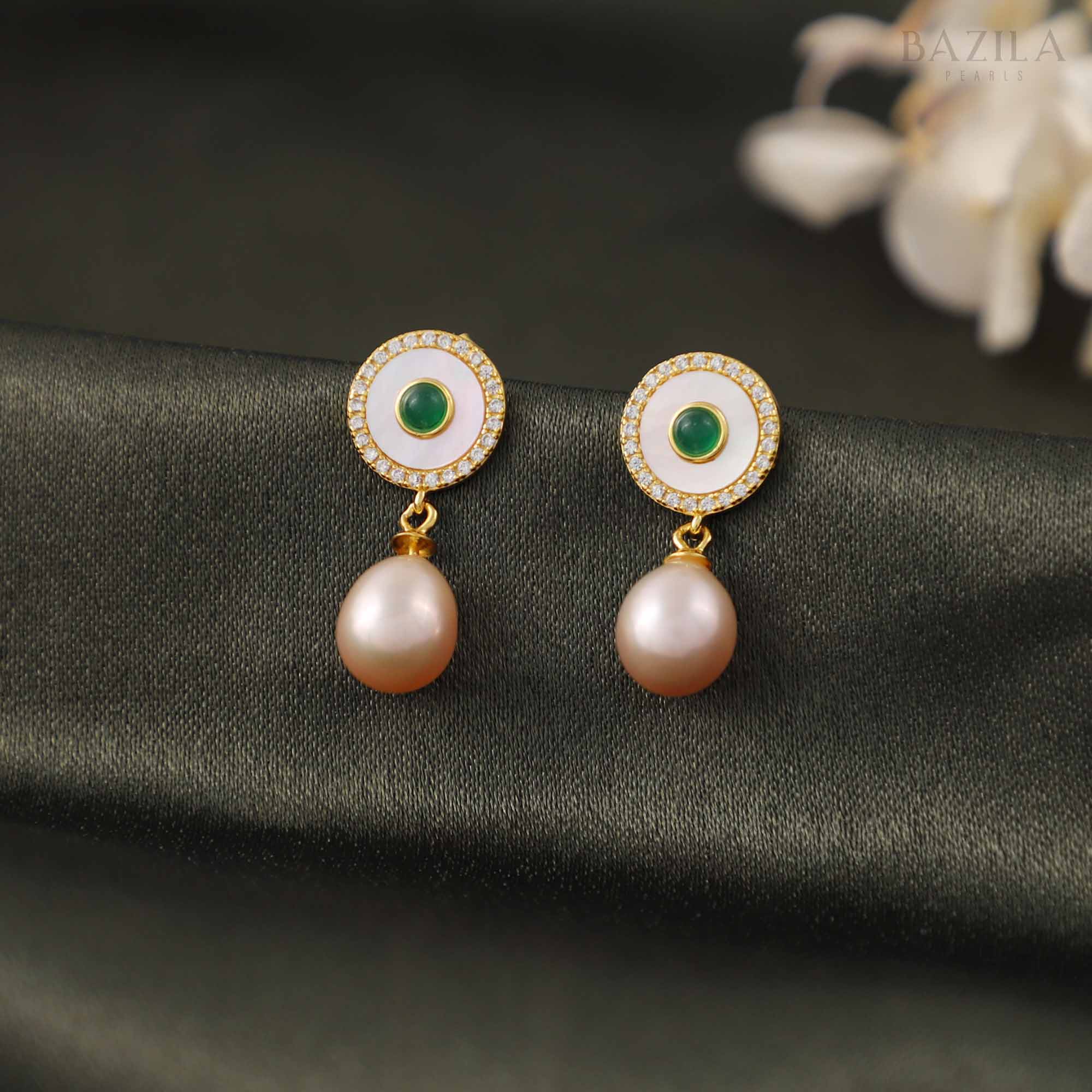 Pink Pearl Drop Earrings with Emerald Accent & Gold Circle Top