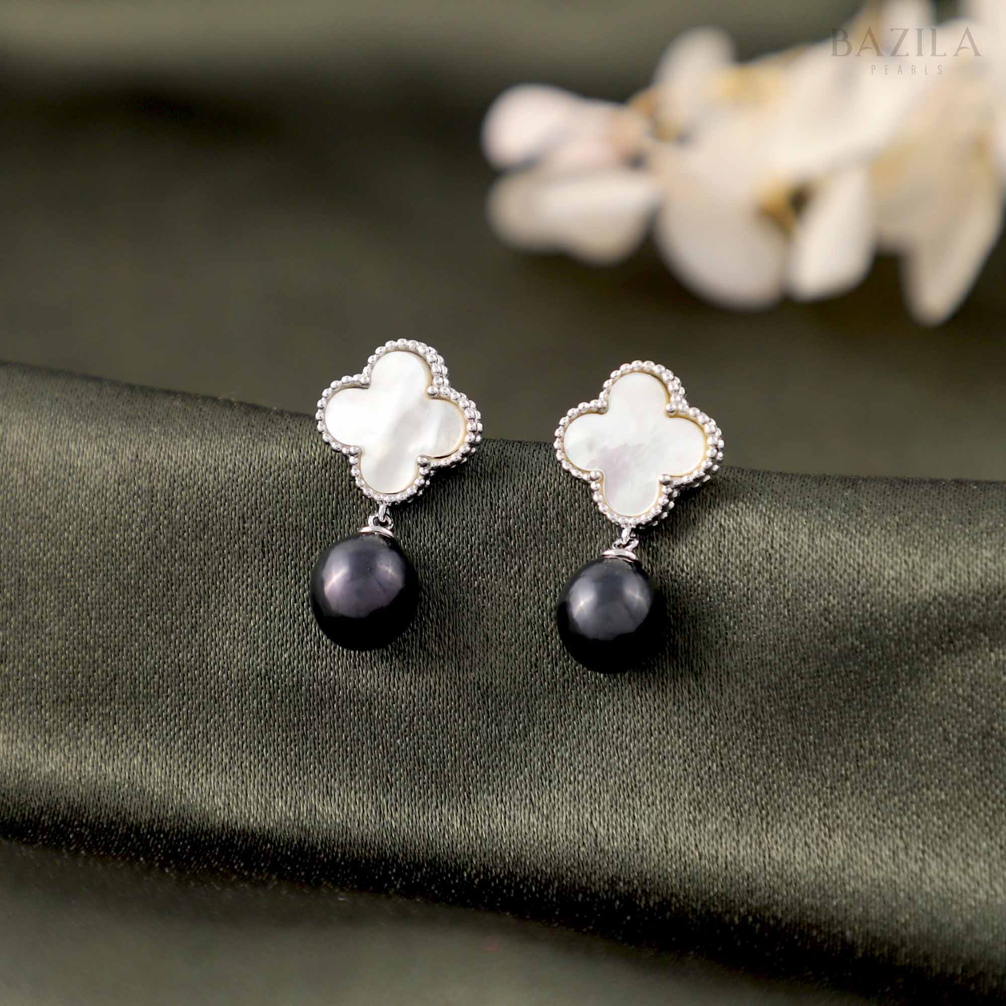 Radiant Grace Drop Pearl Earrings in Black Pearl with Silver Finish