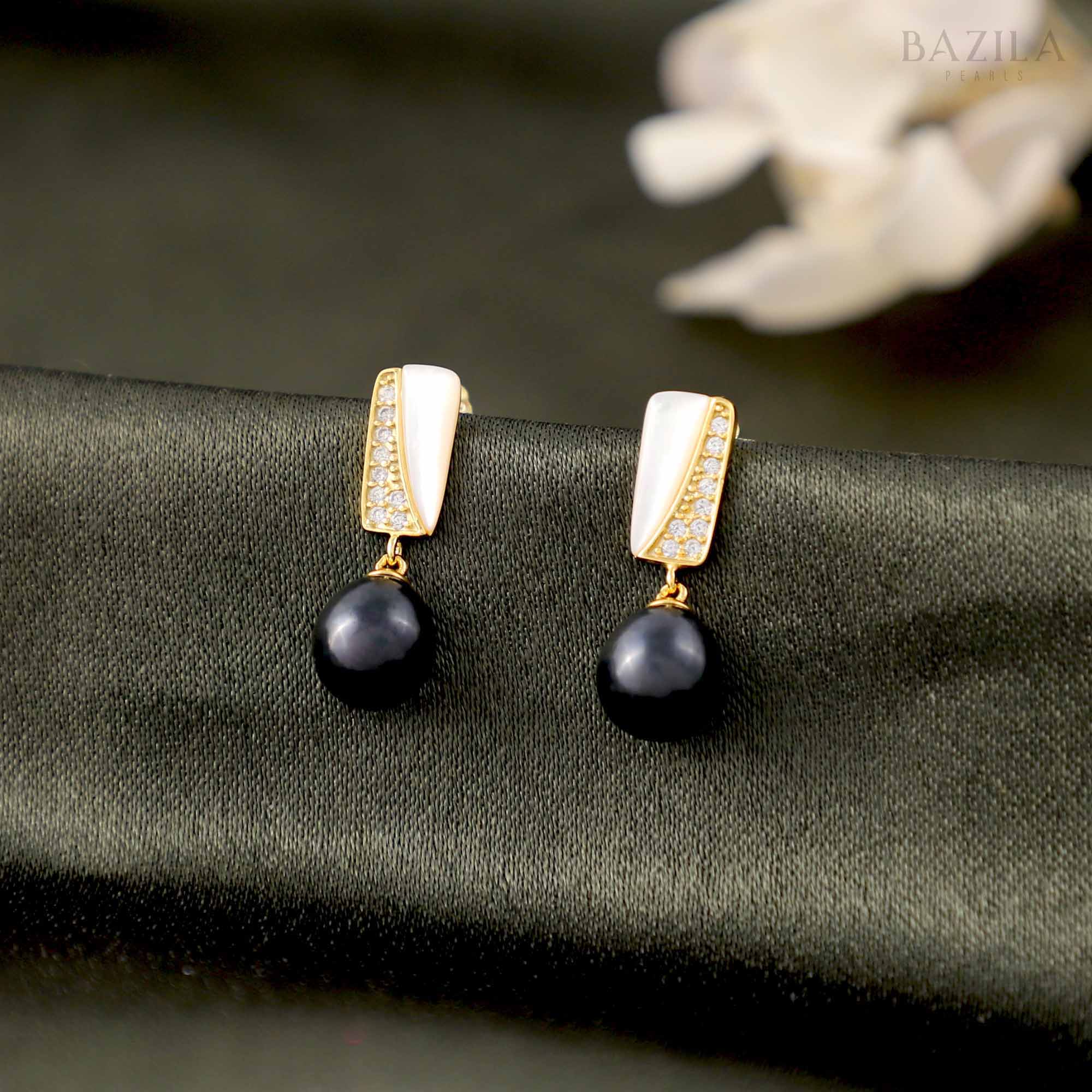 Radiant Grace Drop Earrings with Black Pearls & Golden Finish