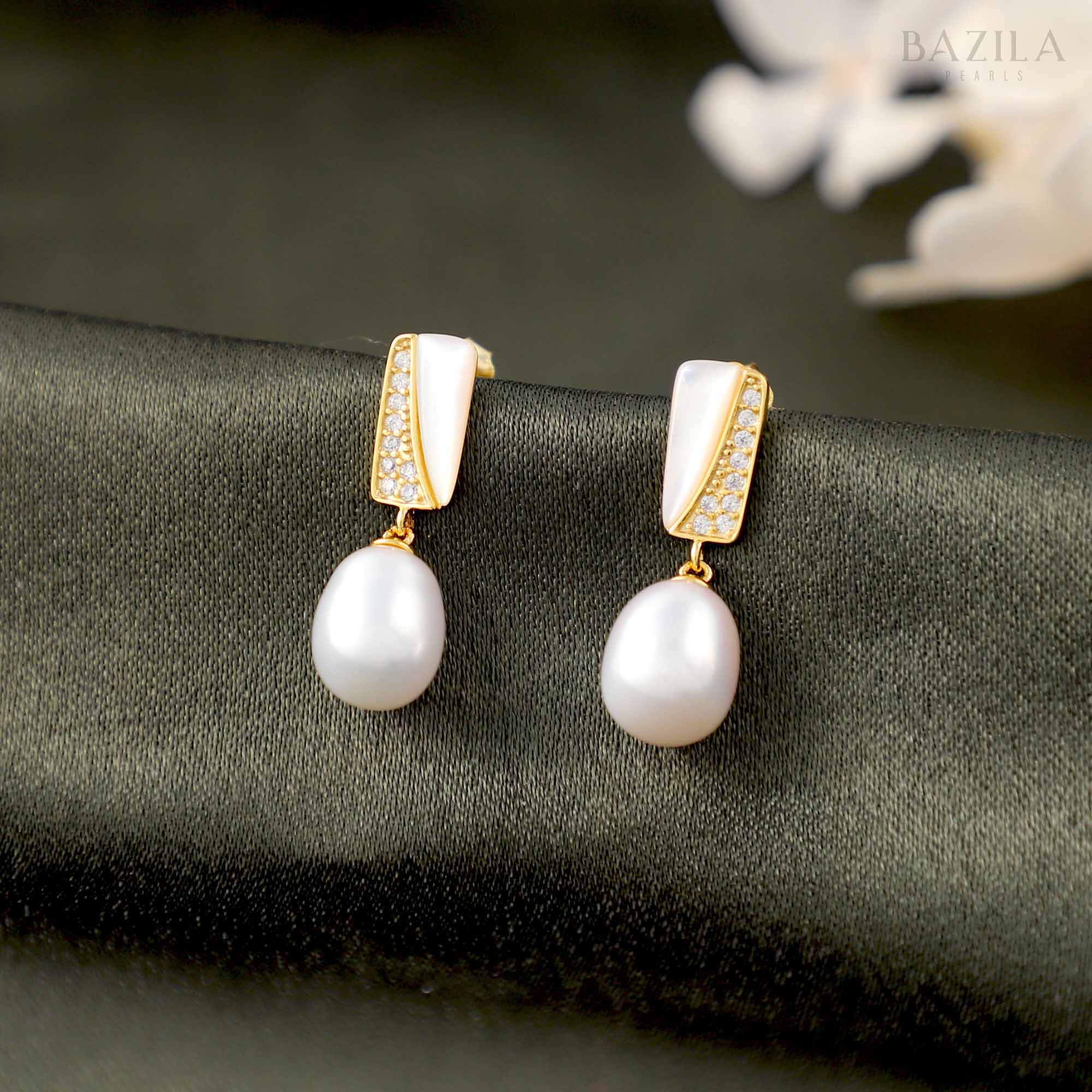 Radiant Grace Drop Earrings with White Pearls & Gleaming Gold Accents