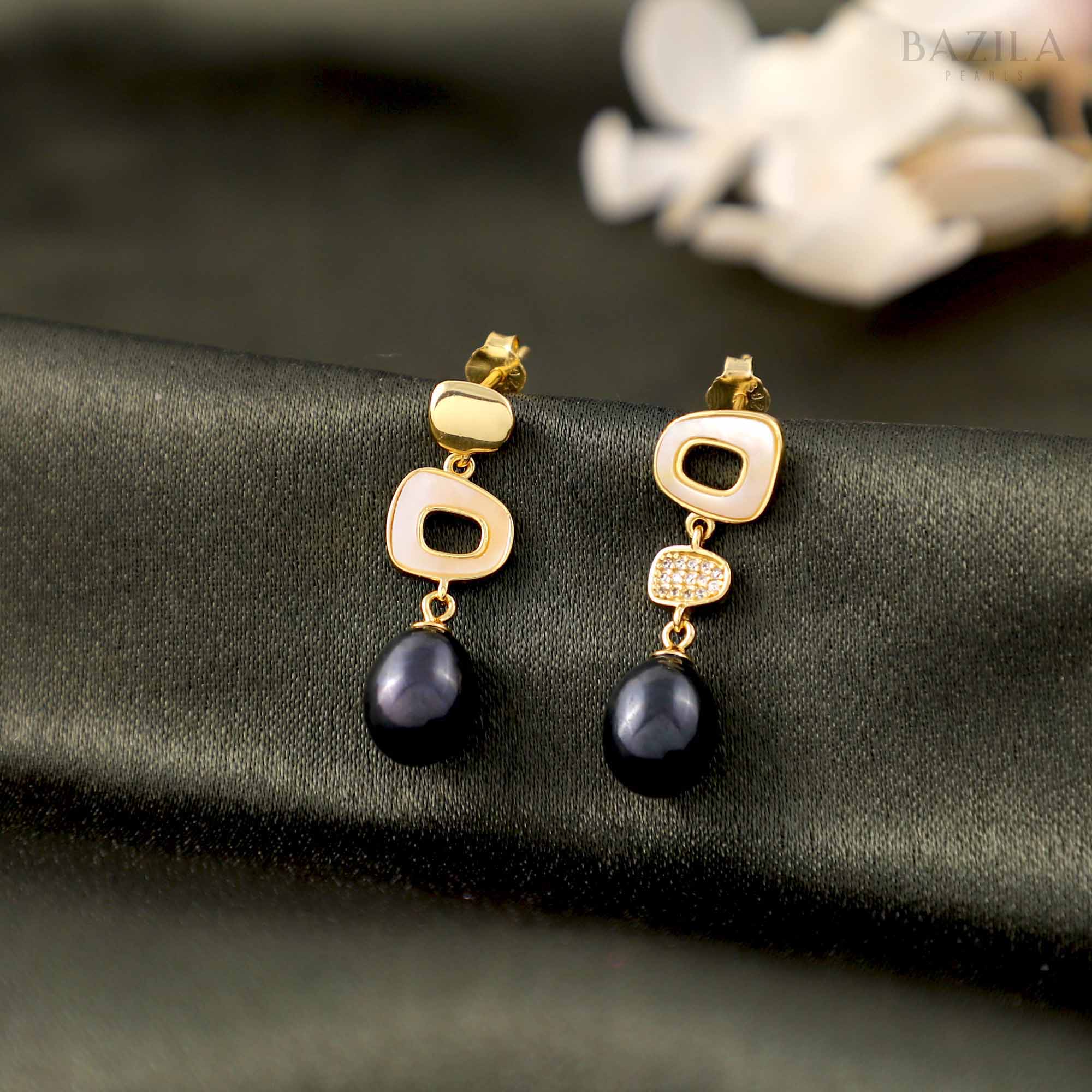 Lustrous Grace Drop Pearl Earrings - 8-9mm - Gold Black