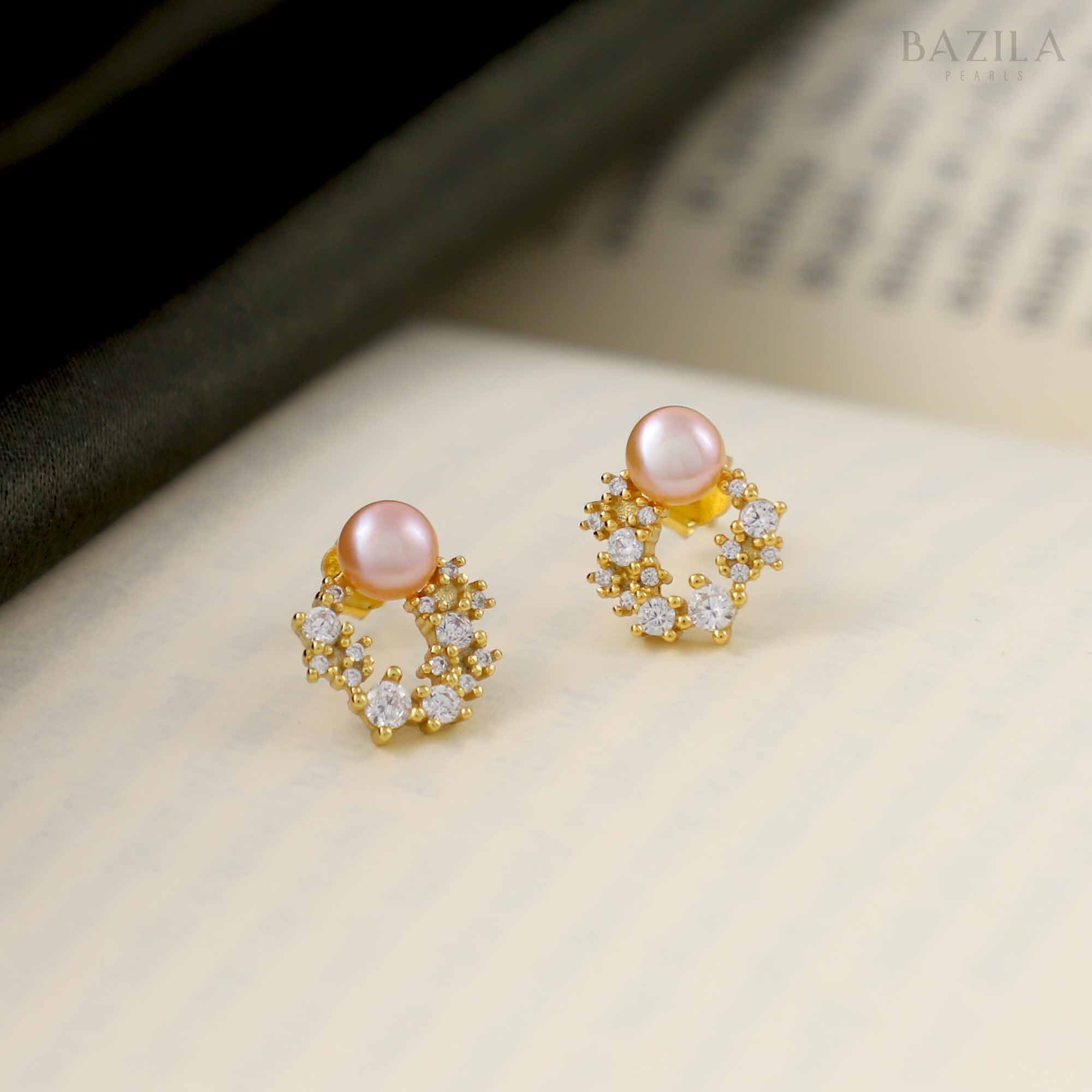 Pure Bliss Button Pearl Earrings - 5mm - Gold Pink