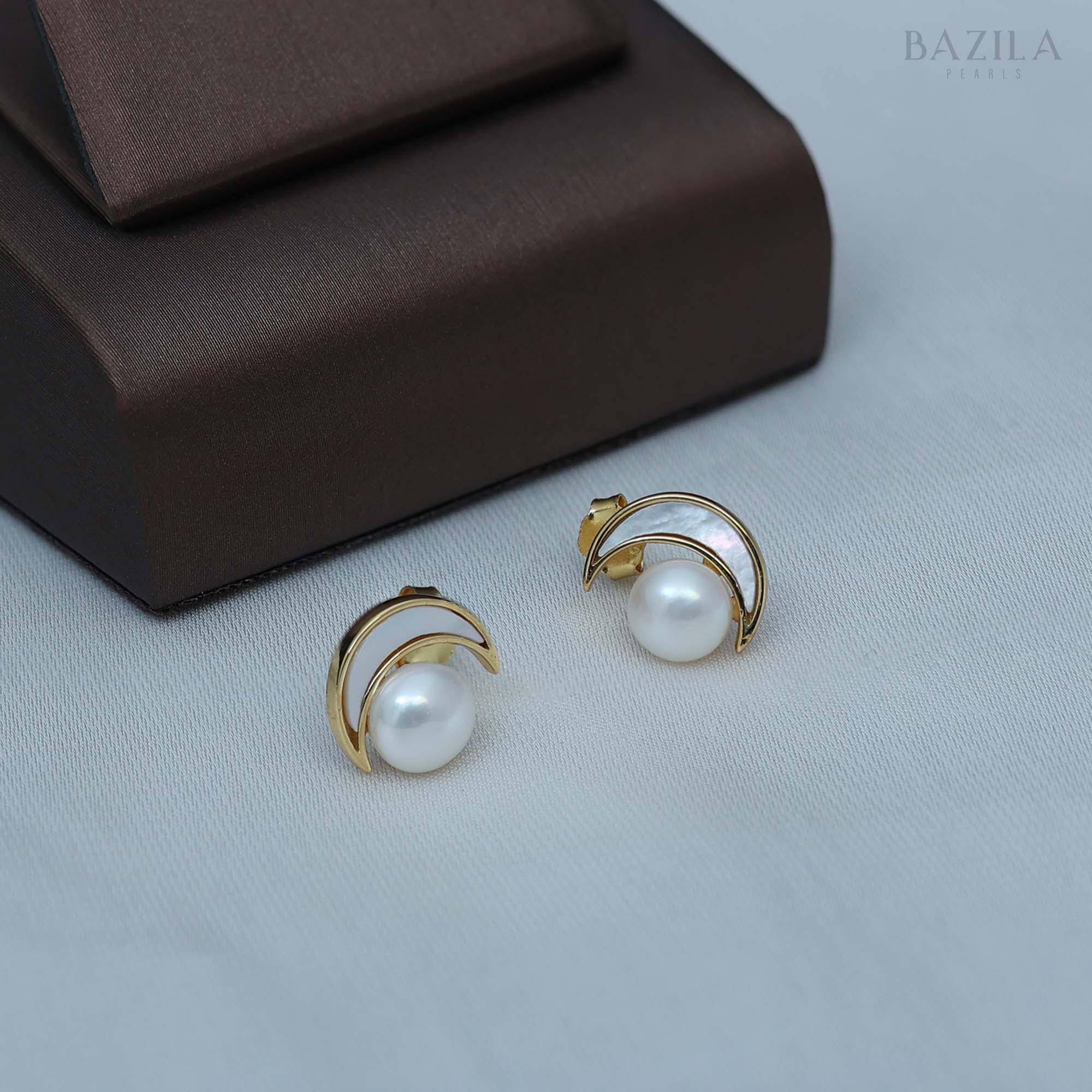 Celestial Crescent Pearl Earrings – White & Gold
