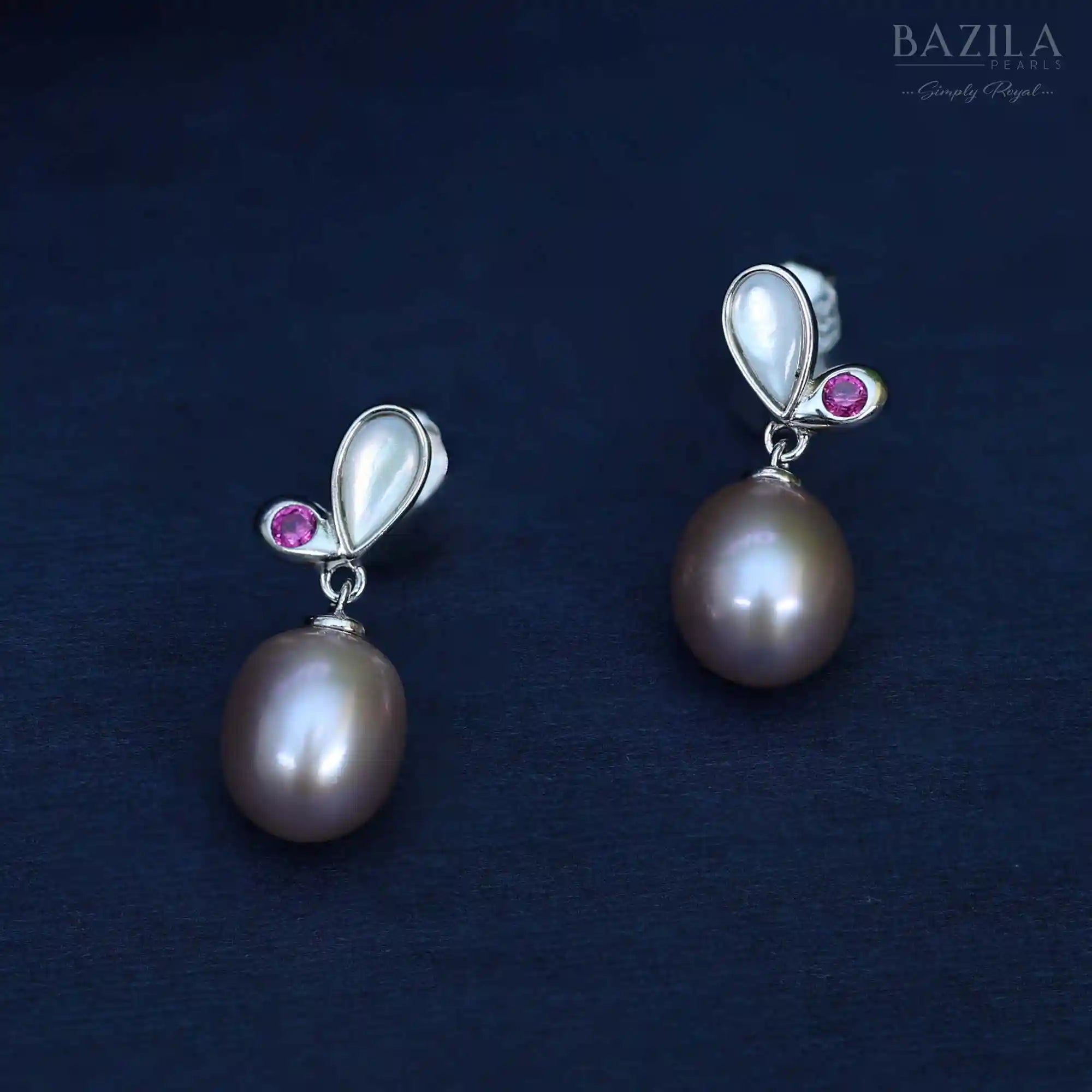 Freshwater Pearl Drop Earrings with Pink Sapphire and Mother-of-Pearl
