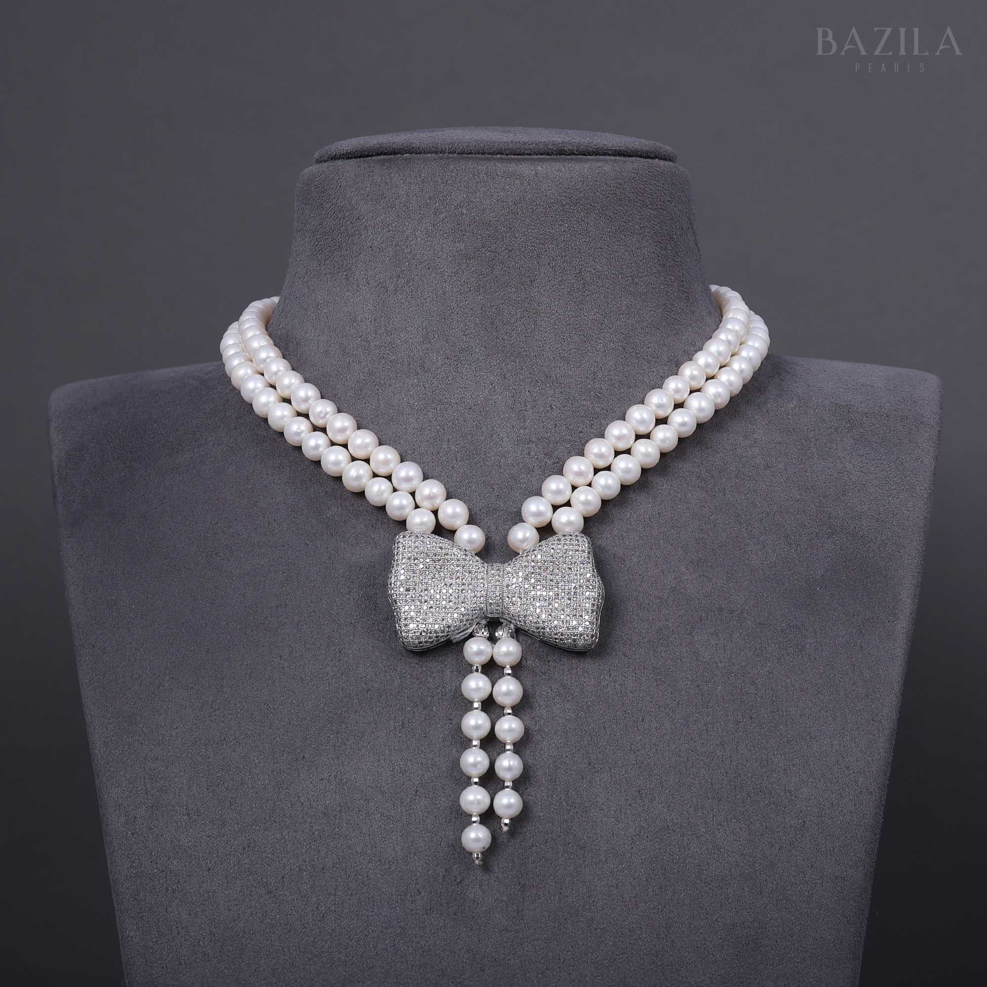Charming Pearl Necklace with Zircon Bow Centerpiece