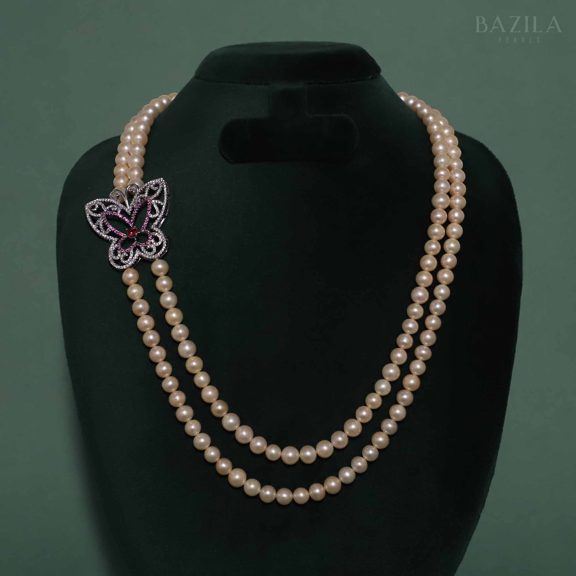 Double-Strand Pearl Necklace with Butterfly Ruby Zircon Accent