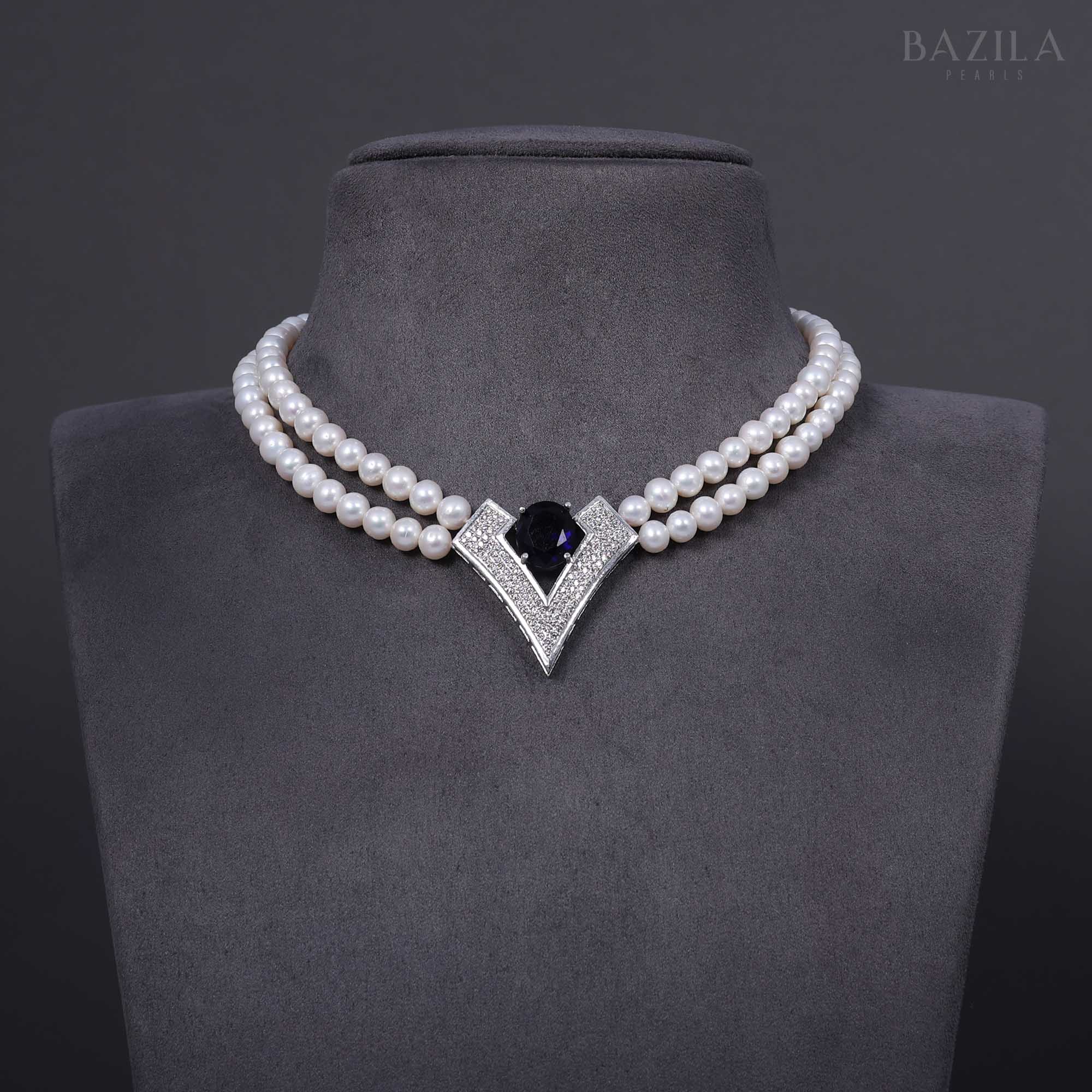 Double-Strand Pearl Necklace with Sapphire Zircon V-Centerpiece
