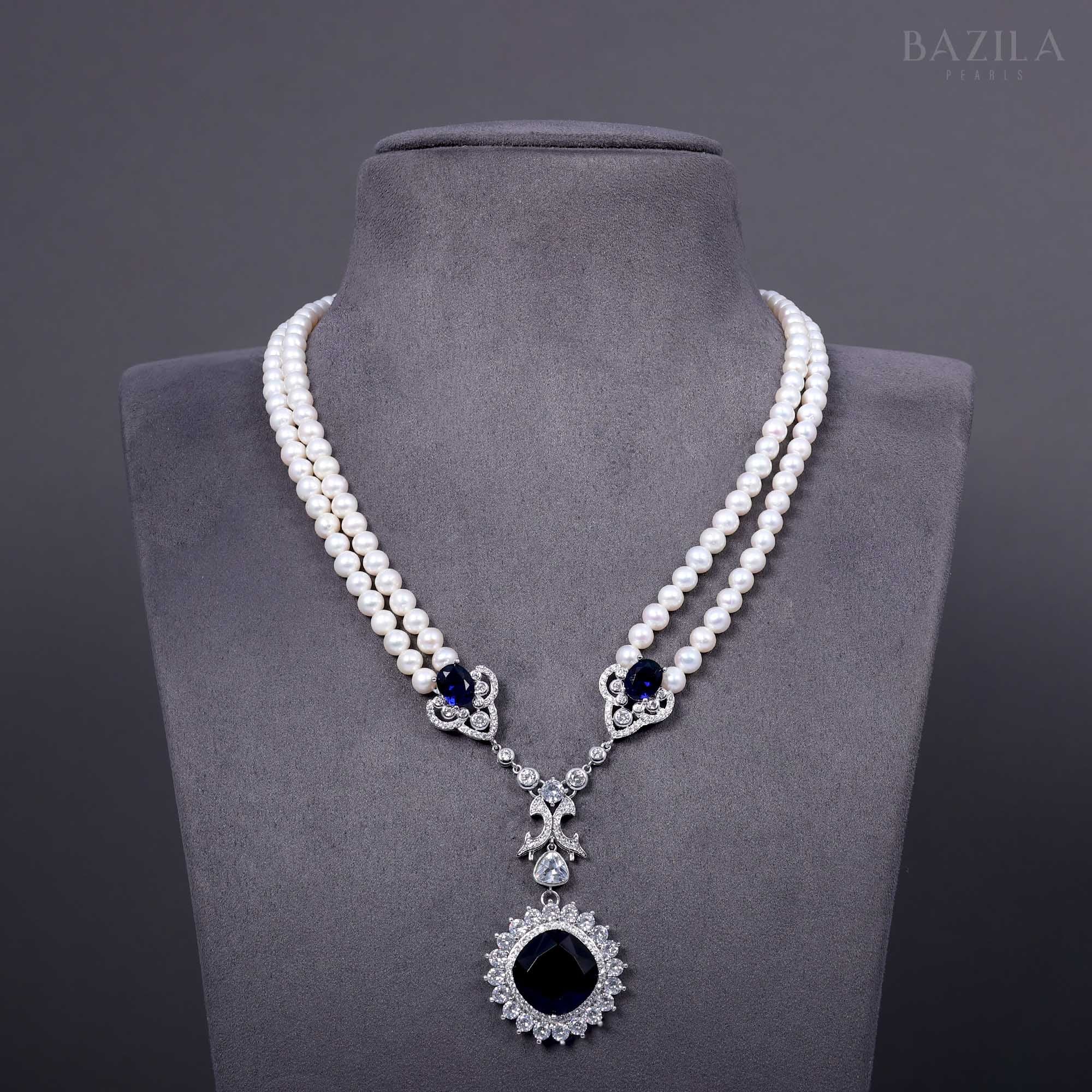Exquisite Double-Strand Pearl Necklace with Sapphire Zircon Halo Pendant