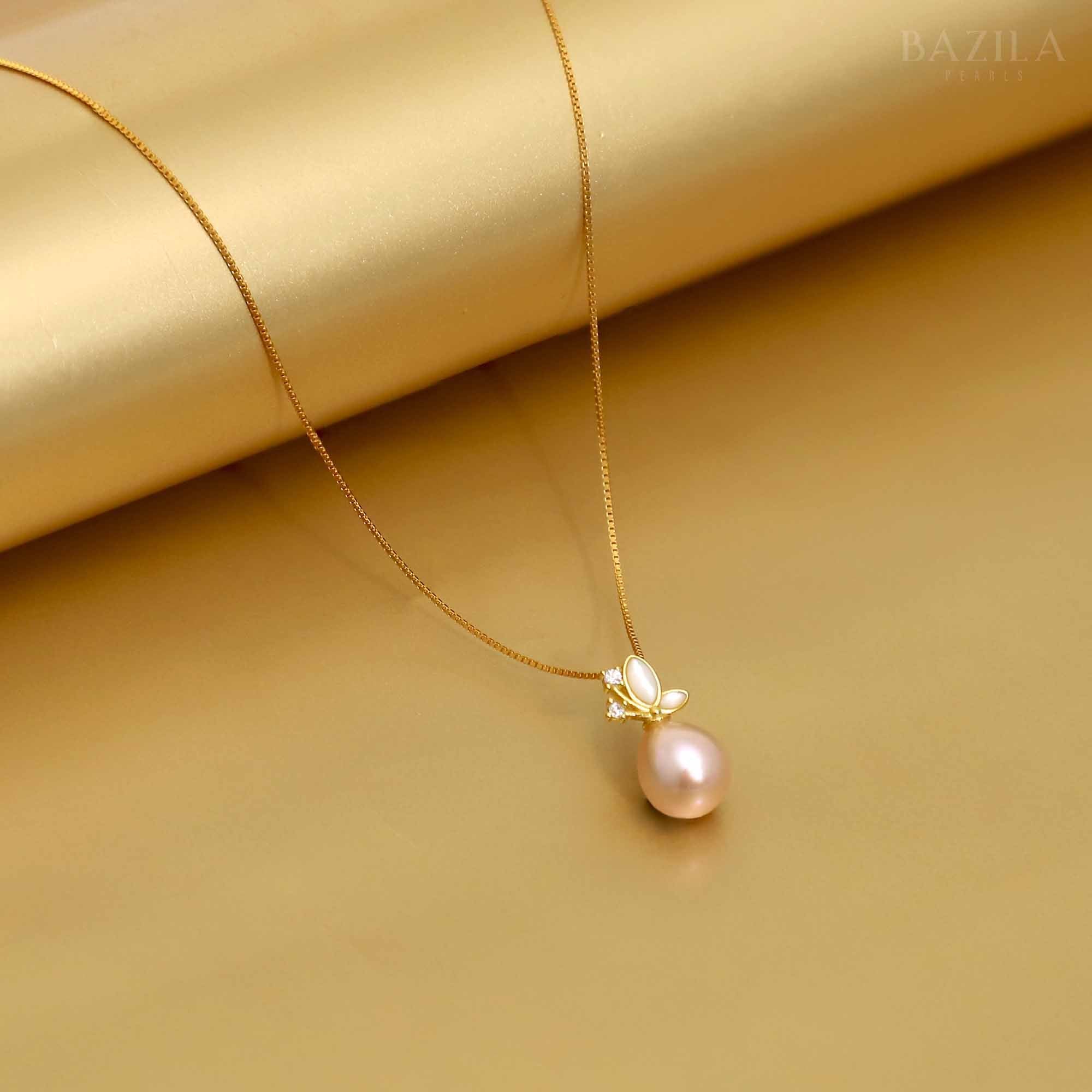 Pink Pearl & Zircon Pendant on Gold Chain