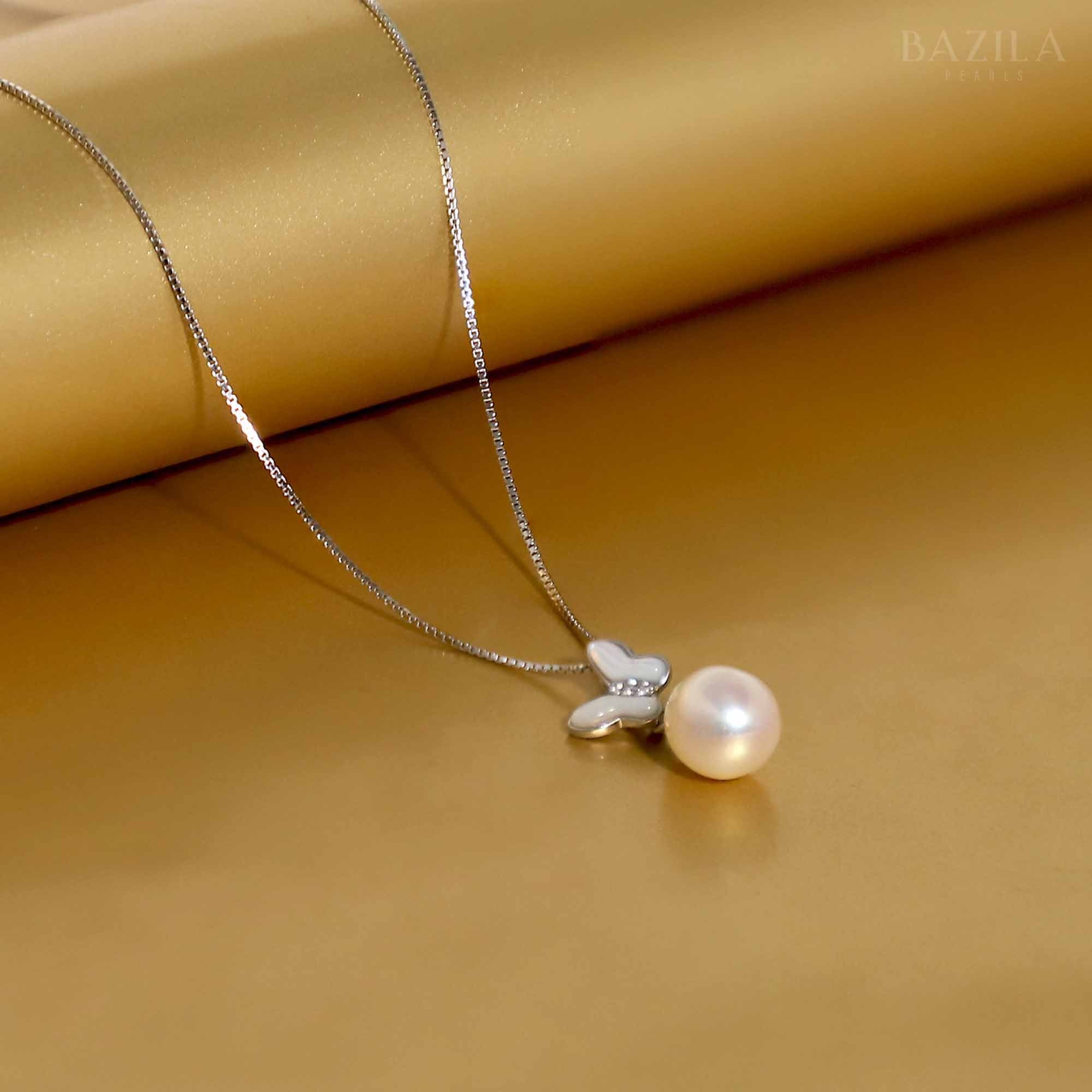 Butterfly-Inspired White Pearl Pendant on Sterling Silver Chain