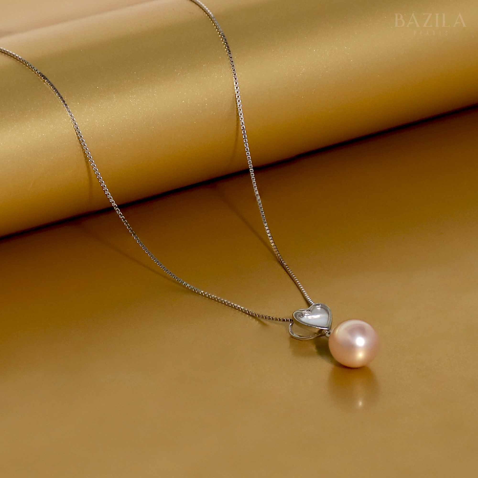 Pink Drop Pearl Pendant with Silver Heart Accent