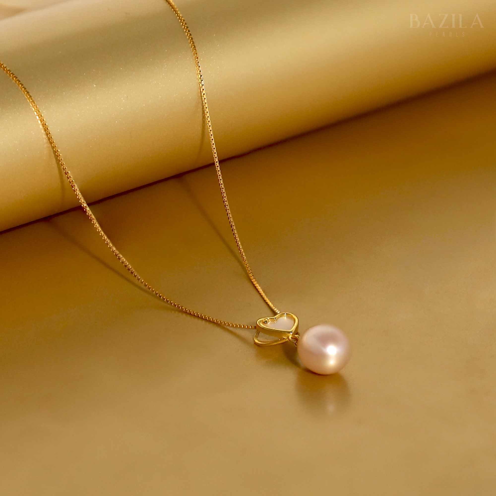 Pink Drop Pearl Pendant with Golden Heart Accent