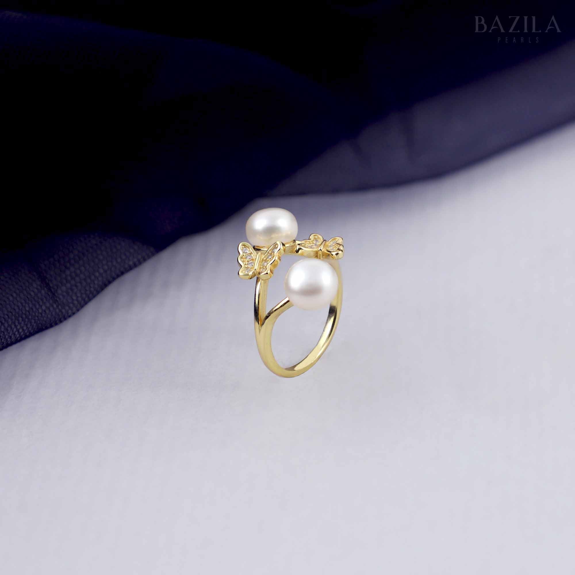 Adjustable Twin Pearl & Butterfly Ring