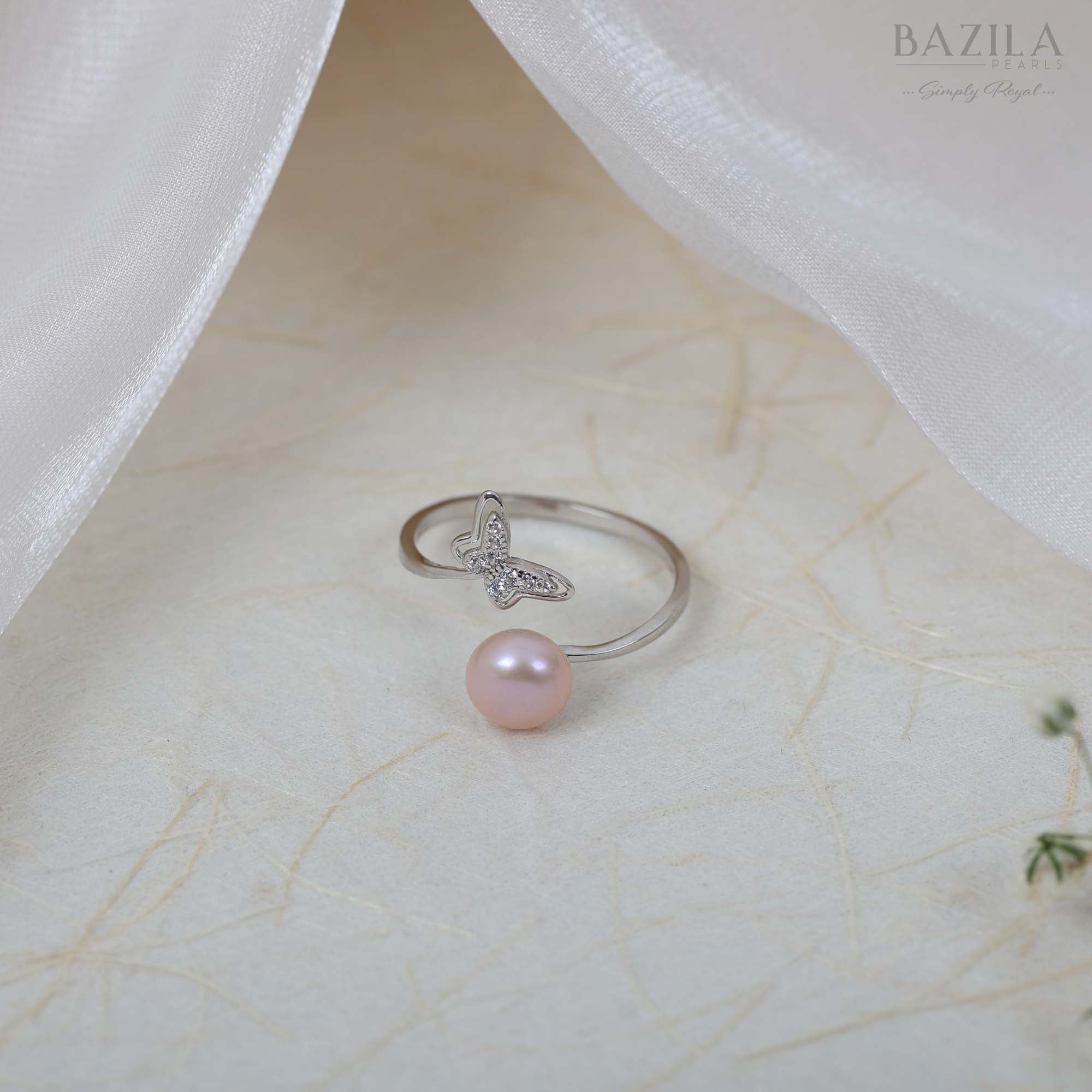 Silver-Tone Ring with Blush Pearl & Crystal Butterfly