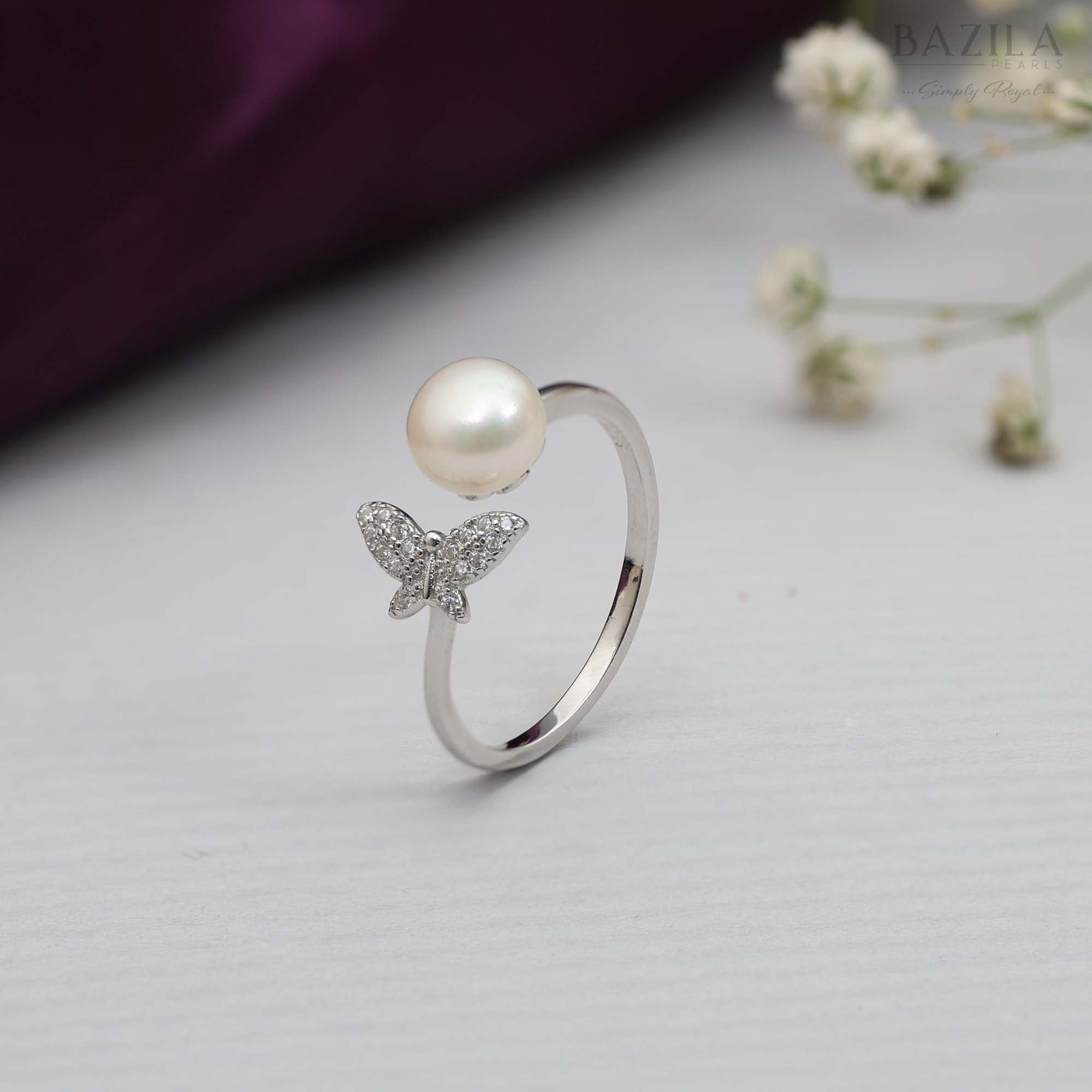 Silver Butterfly Ring with Timeless White Pearl