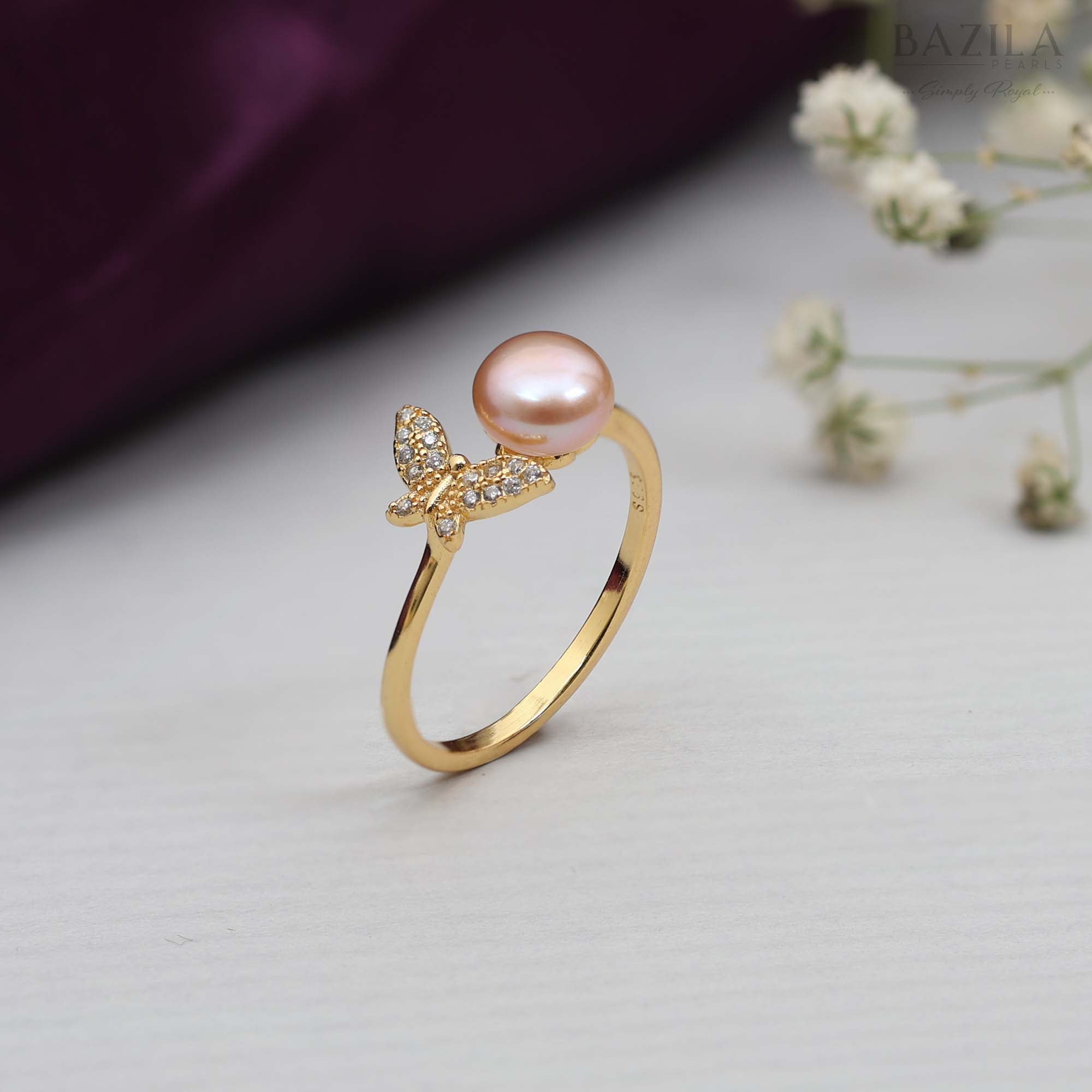 Gold Butterfly Ring with Radiant Pink Pearl