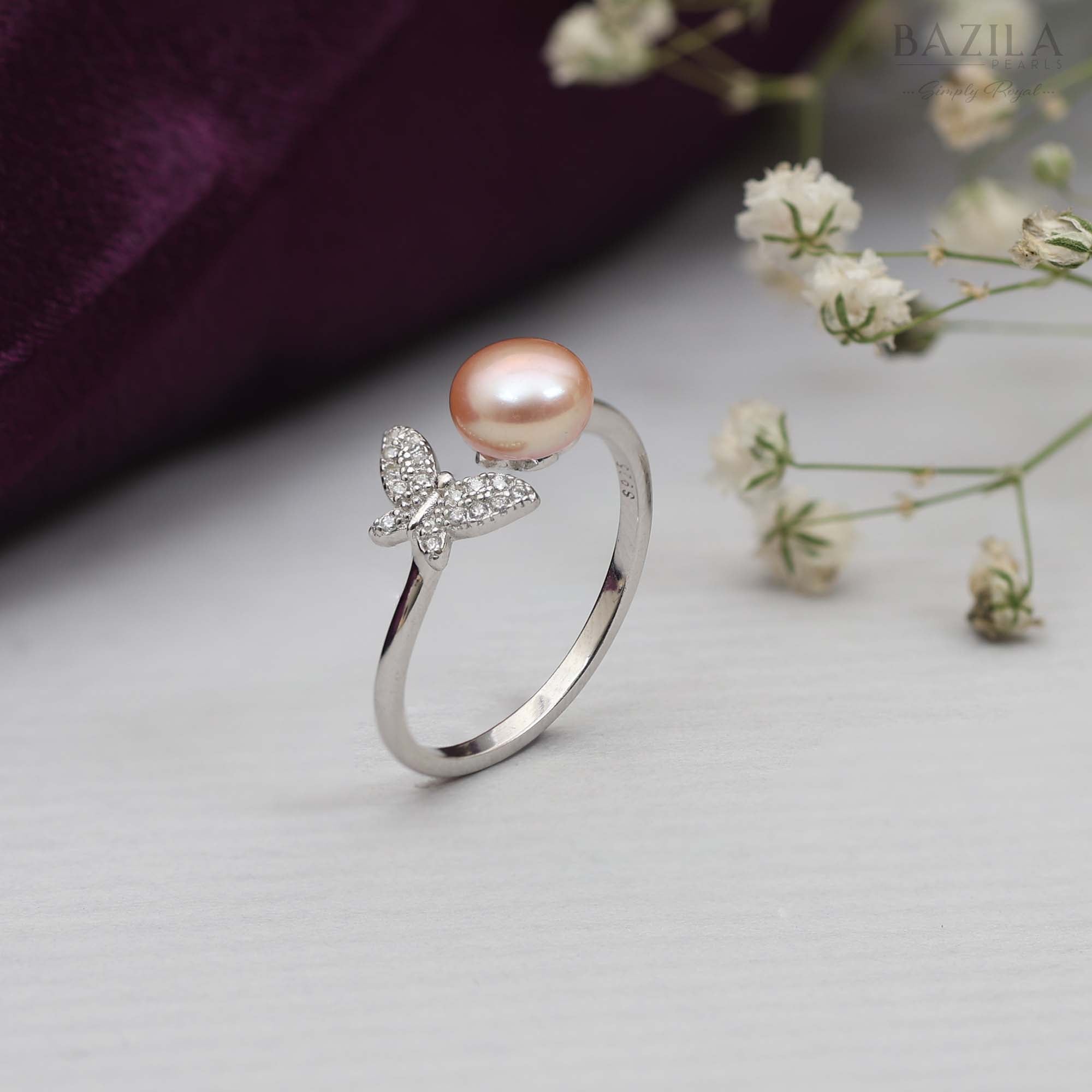 Silver Butterfly Ring with Blush Pink Pearl