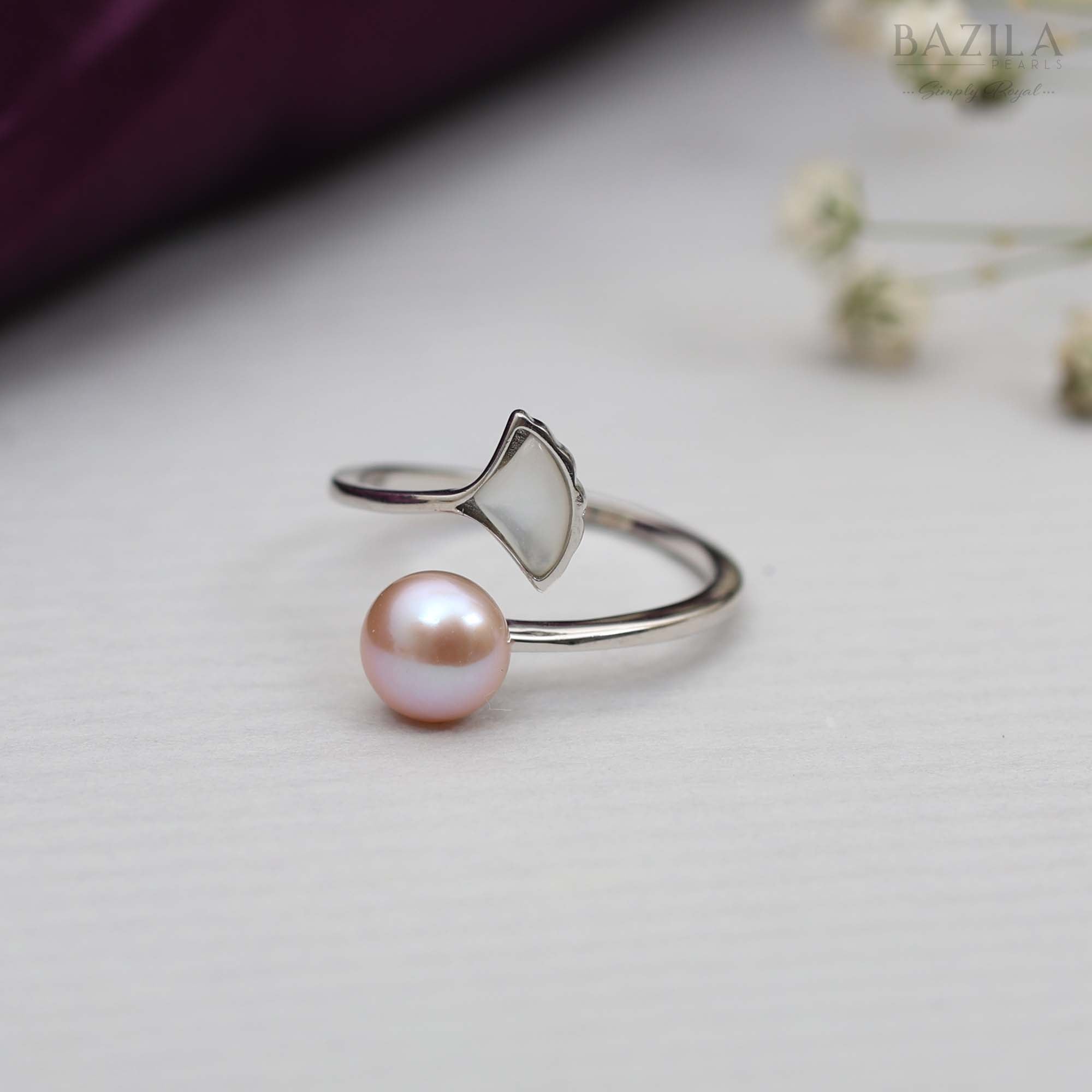 Silver Open Ring with Pink Pearl & Mother-of-Pearl Wing Accent