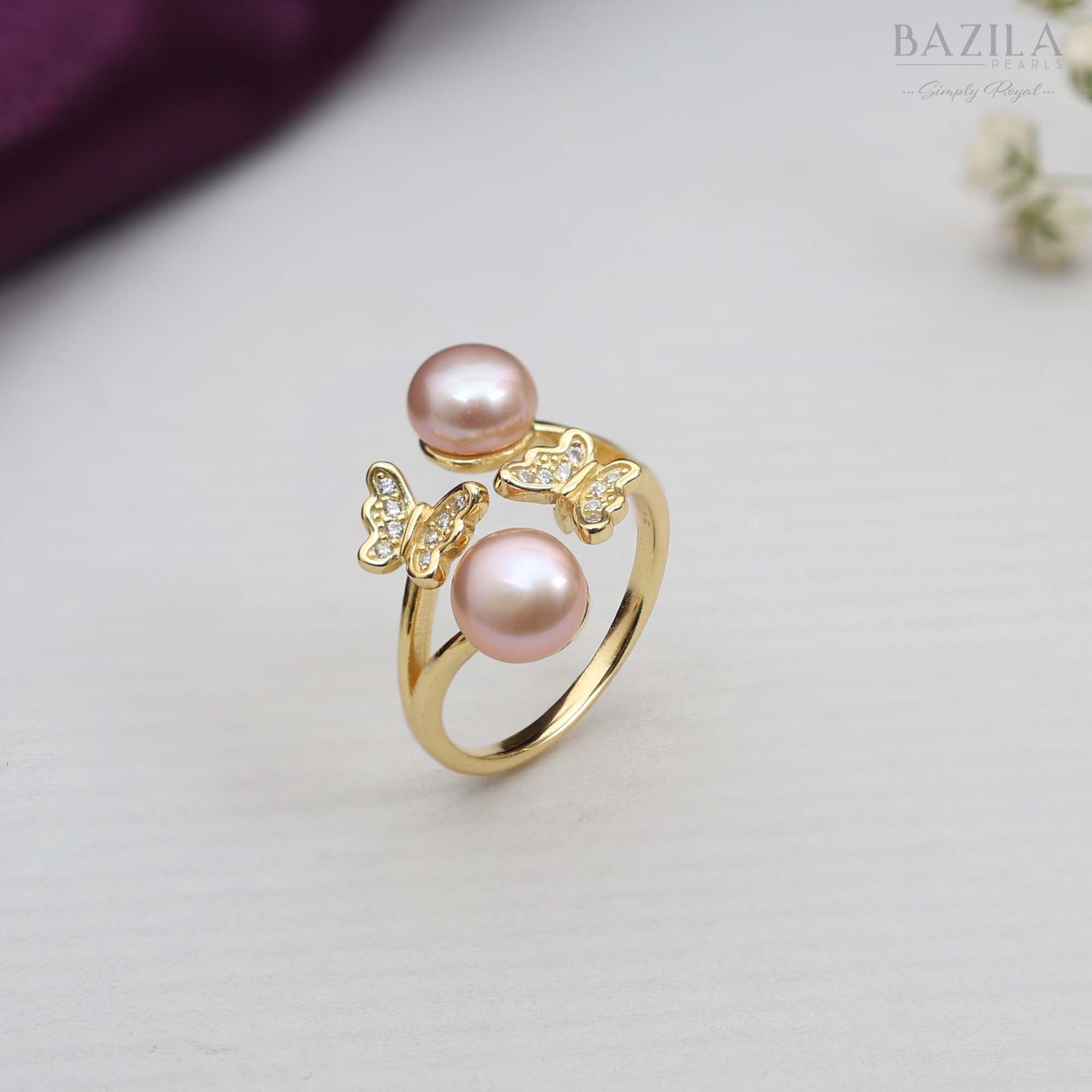 Dual Pink Pearl Ring with Butterfly Accents in Gold Finish