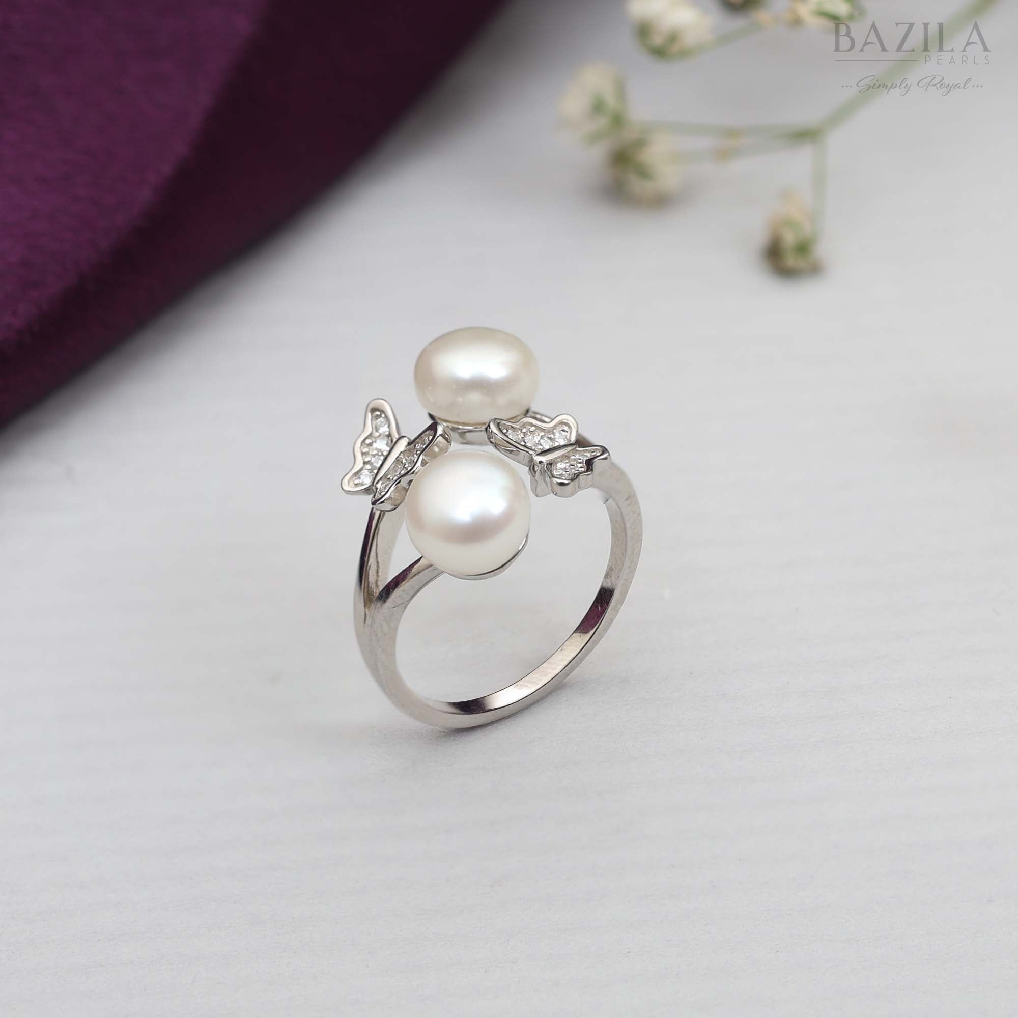 Butterfly-Adorned Double Pearl Ring – Silver Finish
