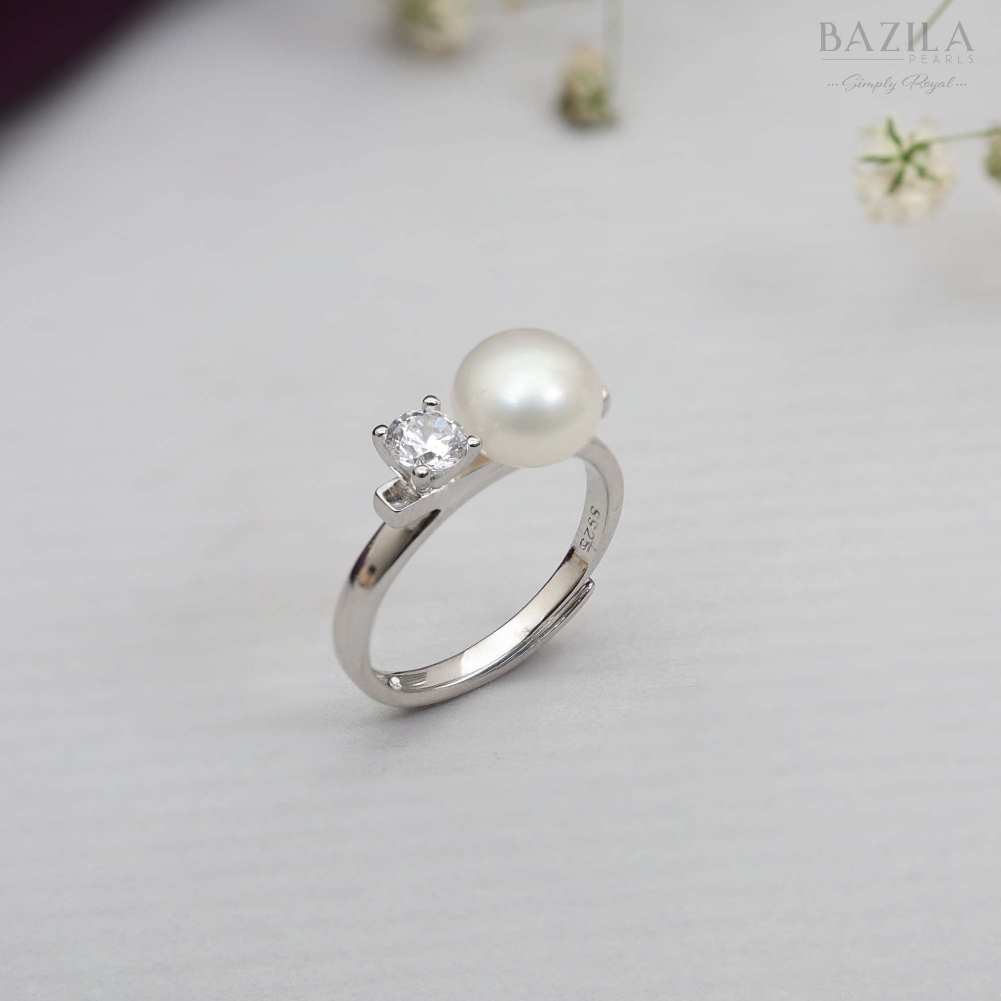 White Pearl & Solitaire Ring in Silver Finish