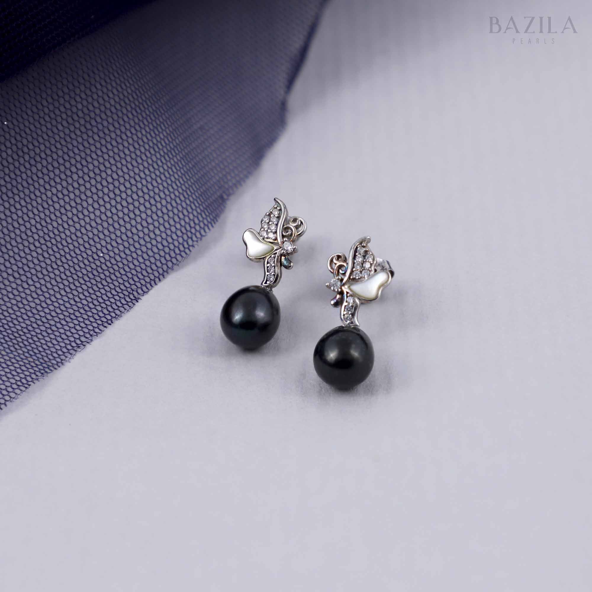 Black Pearl Drop Earrings with Butterfly Detail